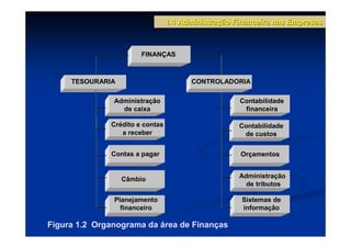 1.1 Administração Financeira nas Empresas



                       FINANÇAS



     TESOURARIA                        CONTROLADORIA

               Administração                        Contabilidade
                 de caixa                            financeira

              Crédito e contas                      Contabilidade
                 a receber                           de custos


              Contas a pagar                        Orçamentos


                  Câmbio                            Administração
                                                      de tributos

               Planejamento                         Sistemas de
                 financeiro                         informação

Figura 1.2 Organograma da área de Finanças
 
