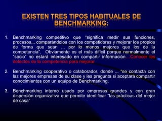 1. Benchmarking competitivo que “significa medir sus funciones,
   procesos... comparándolos con los competidores y mejorar los propios
   de forma que sean ... por lo menos mejores que los de la
   competencia”. Obviamente es el más difícil porque normalmente el
   “socio” no estará interesado en compartir información…Conocer los
   defectos de la competencia para mejorar

2. Benchmarking cooperativo o colaborador, donde ... “se contacta con
   las mejores empresas de su clase y les pregunta si aceptará compartir
   conocimientos con un equipo de Benchmarking.

3. Benchmarking interno usado por empresas grandes y con gran
   dispersión organizativa que permite identificar “las prácticas del mejor
   de casa”
 