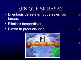 ¿EN QUE SE BASA?
• El énfasis de este enfoque es en las
  tareas.
• Eliminar desperdicios
• Elevar la productividad
 