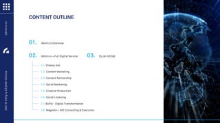 CONTENT OUTLINE
01. Admicro Overview
02. Admicro –Full Digital Service 03. Dự án nổi bật
01
admicro.vn
2021
©
Công
ty
Cổ
phẩn
VCCorp
2.1. Display Ads
2.2. Content Marketing
2.3. Content Partnership
2.4. Social Marketing
2.5. Creative Production
2.6. Social Listening
2.7. Bizfly - Digital Transformation
2.8. Magneto – IMC Consulting & Execution
 