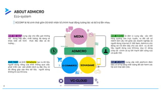 4
ABOUT ADMICRO
Eco-system
Khối Nội dung cung cấp cho độc giả những
nội dung hấp dẫn, chất lượng, đa dạng và
khác biệt với hình thức độc đáo và ấn
tượng...
Khối TMĐT và khối SohaGame tạo ra dữ liệu
người dùng riêng của khối thông qua việc
phát triển các sản phẩm dịch vụ đặc thù, từ
đó đóng góp vào kho dữ liệu người dùng
khổng lồ của VCCorp.
Khối Admicro là đơn vị cung cấp các nền
tảng quảng cáo trực tuyến, ra đời với sứ
mệnh làm cầu nối giữa các doanh nghiệp và
người dùng internet ở Việt Nam. Admicro còn
đóng vai trò đòn bẩy cho các dịch vụ và dữ
liệu người dùng của VCCorp, duy trì dòng
chảy tài chính và sự lớn mạnh bền vững của
cả quần thể.
Khối VC-Cloud cung cấp một platform đảm
bảo cơ sở hạ tầng chất lượng để vận hành các
hệ sinh thái bên trên.
VCCORP là hệ sinh thái gồm 05 khối nhân tố chính hoạt động tương tác và bổ trợ lẫn nhau
 