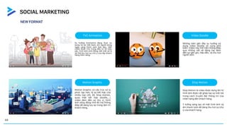 NEW FORMAT
TVC Animation Video Doodle
Stop Motion
Motion Graphic
Stop Motion là video được dựng lên từ
hình ảnh được cắt ghép tạo sự mới mẻ
trong cách truyền đạt thông tin của
nhãn hàng đến khách hàng.
Ý tưởng sáng tạo về mặt hình ảnh và
âm thanh luôn dễ dàng thu hút sự chú
ý của khách hàng.
Motion Graphic có cấu trúc xử lý
phức tạp hơn, là sự kết hợp của
nhiều loại (2D, 3D, Stop motion,
quay thật kết hợp doodle,...)
video đem đến sự thú vị, hình
ảnh sống động nhờ đó mà thông
điệp dễ dàng lưu lại trong tâm trí
khách hàng.
Xu hướng Animation đang thực sự
bùng nổ tại Việt Nam, khi người dùng
ngày càng thích xem hơn đọc. Một
video được chú trọng đầu tư về màu
sắc, hình ảnh sinh động, bắt mắt sẽ là
lợi thế thu hút sự chú ý của tệp khách
hàng tiềm năng.
Những năm gần đây xu hướng sử
dụng video doodle vô cùng phổ
biến. Video này thể hiện thông điệp
qua những nét vẽ bằng tay đem
đến sự gần gũi, hấp dẫn, và thu hút
người xem.
44
SOCIAL MARKETING
 