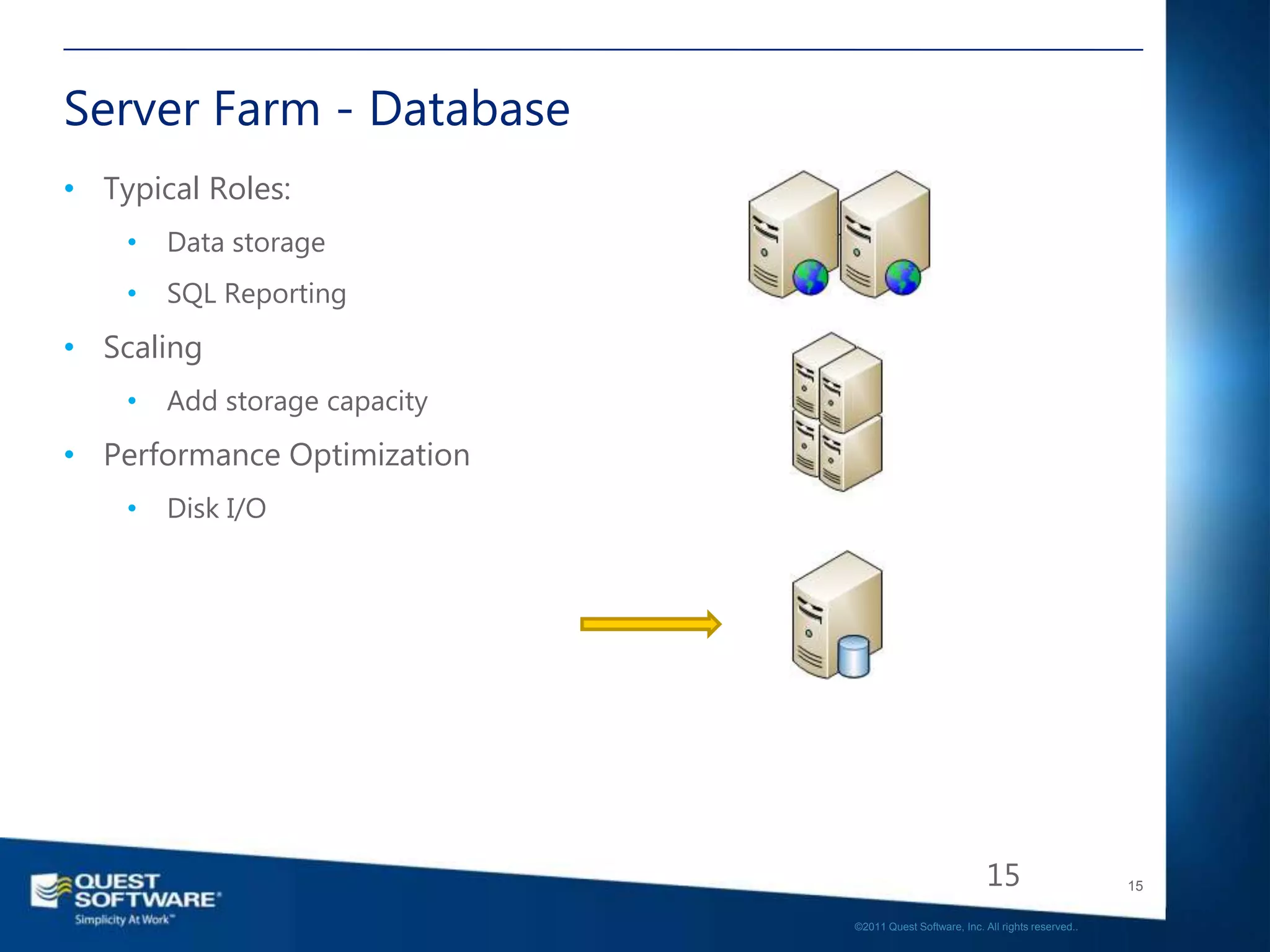 Server Farm - Database
• Typical Roles:
    •   Data storage
    •   SQL Reporting
• Scaling
    •   Add storage capacity
• Performance Optimization
    •   Disk I/O




                                                           15                     15

                               ©2011 Quest Software, Inc. All rights reserved..
 