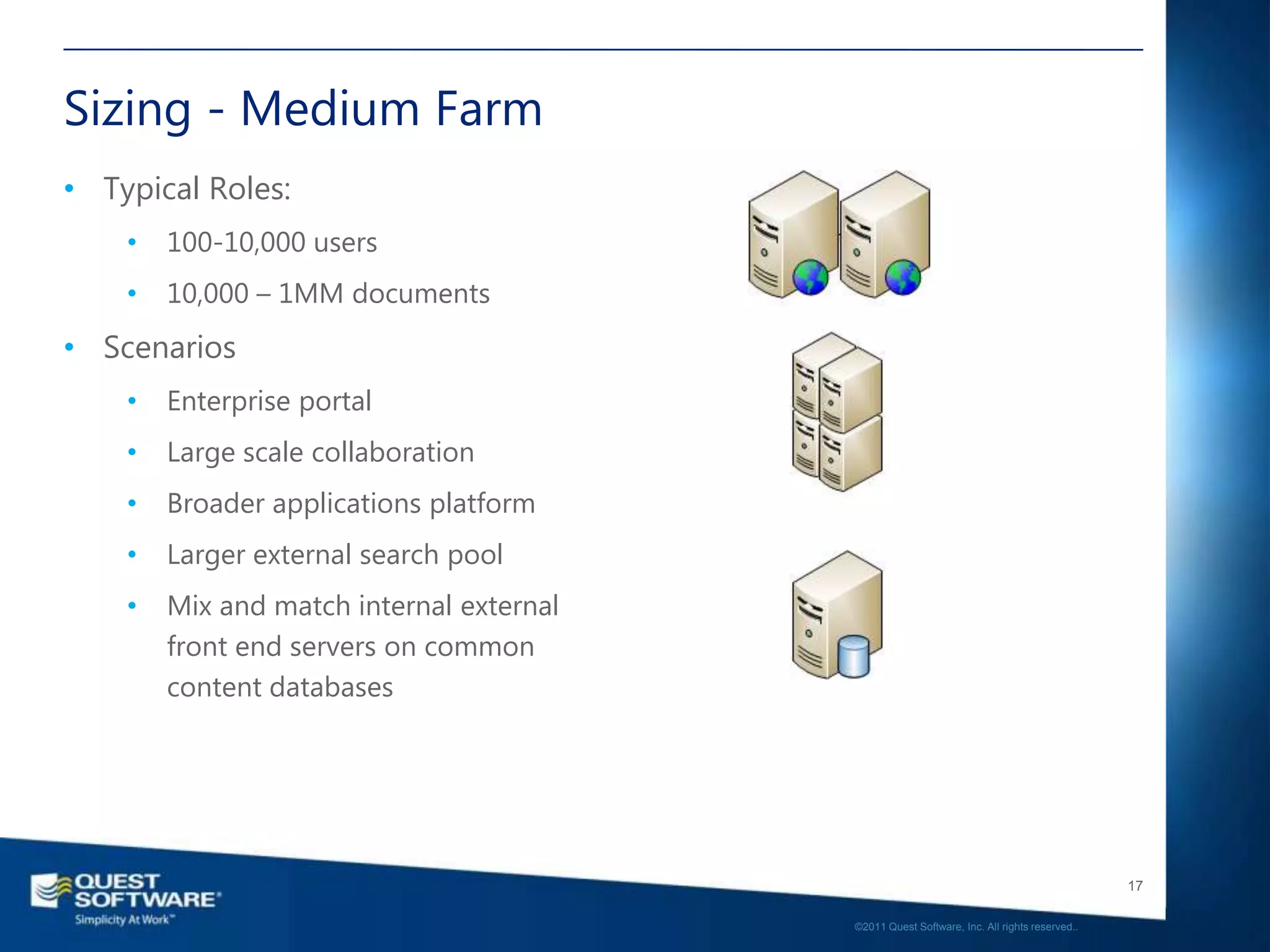 Sizing - Medium Farm
• Typical Roles:
    •   100-10,000 users
    •   10,000 – 1MM documents
• Scenarios
    •   Enterprise portal
    •   Large scale collaboration
    •   Broader applications platform
    •   Larger external search pool
    •   Mix and match internal external
        front end servers on common
        content databases




                                                                                             17

                                          ©2011 Quest Software, Inc. All rights reserved..
 