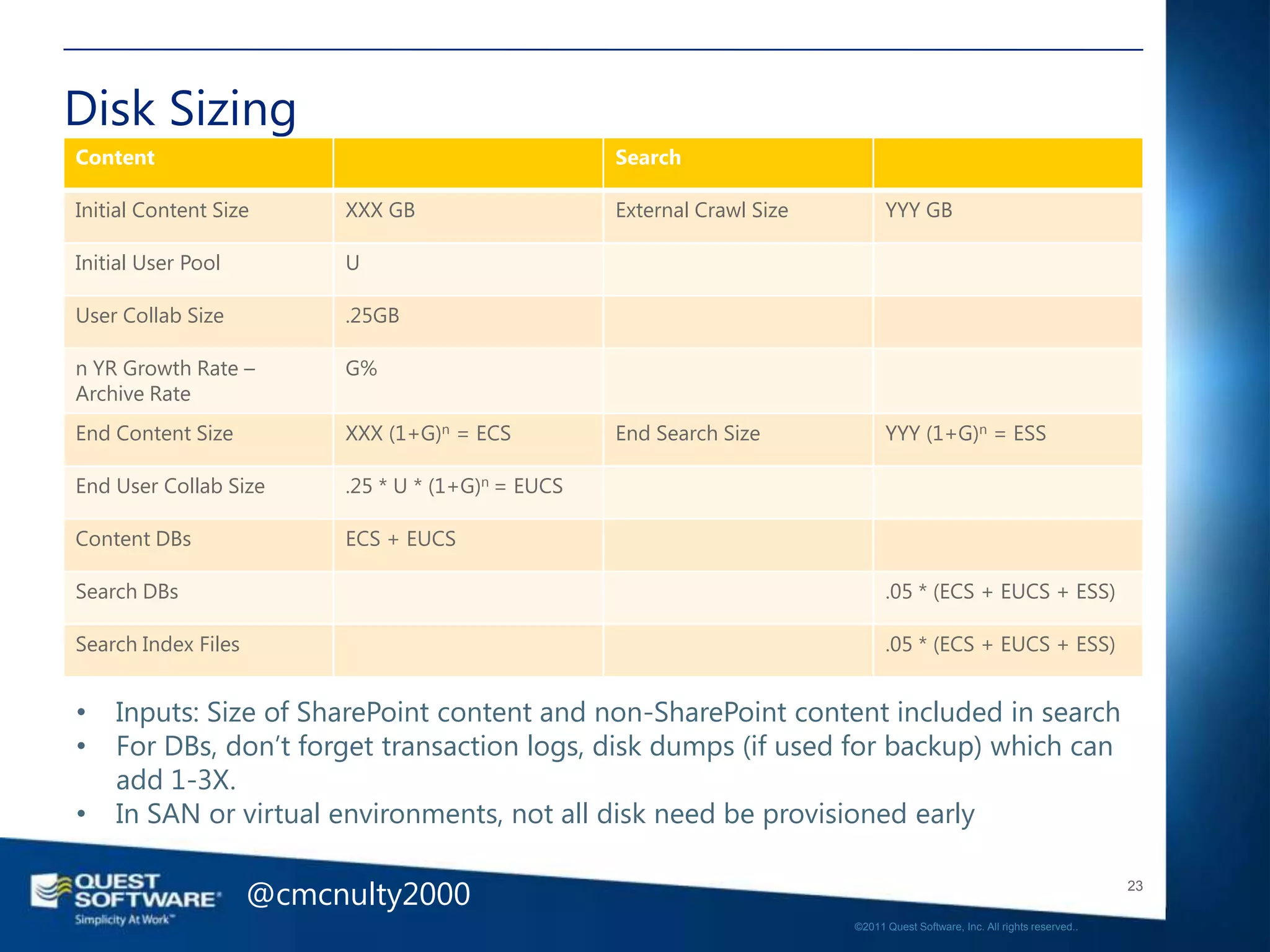 Disk Sizing
Content                                             Search

Initial Content Size      XXX GB                    External Crawl Size         YYY GB

Initial User Pool         U

User Collab Size          .25GB

n YR Growth Rate –        G%
Archive Rate
End Content Size          XXX (1+G)n = ECS          End Search Size             YYY (1+G)n = ESS

End User Collab Size      .25 * U * (1+G)n = EUCS

Content DBs               ECS + EUCS

Search DBs                                                                      .05 * (ECS + EUCS + ESS)

Search Index Files                                                              .05 * (ECS + EUCS + ESS)


•   Inputs: Size of SharePoint content and non-SharePoint content included in search
•   For DBs, don‘t forget transaction logs, disk dumps (if used for backup) which can
    add 1-3X.
•   In SAN or virtual environments, not all disk need be provisioned early

                     @cmcnulty2000                                                                                           23

                                                                          ©2011 Quest Software, Inc. All rights reserved..
 