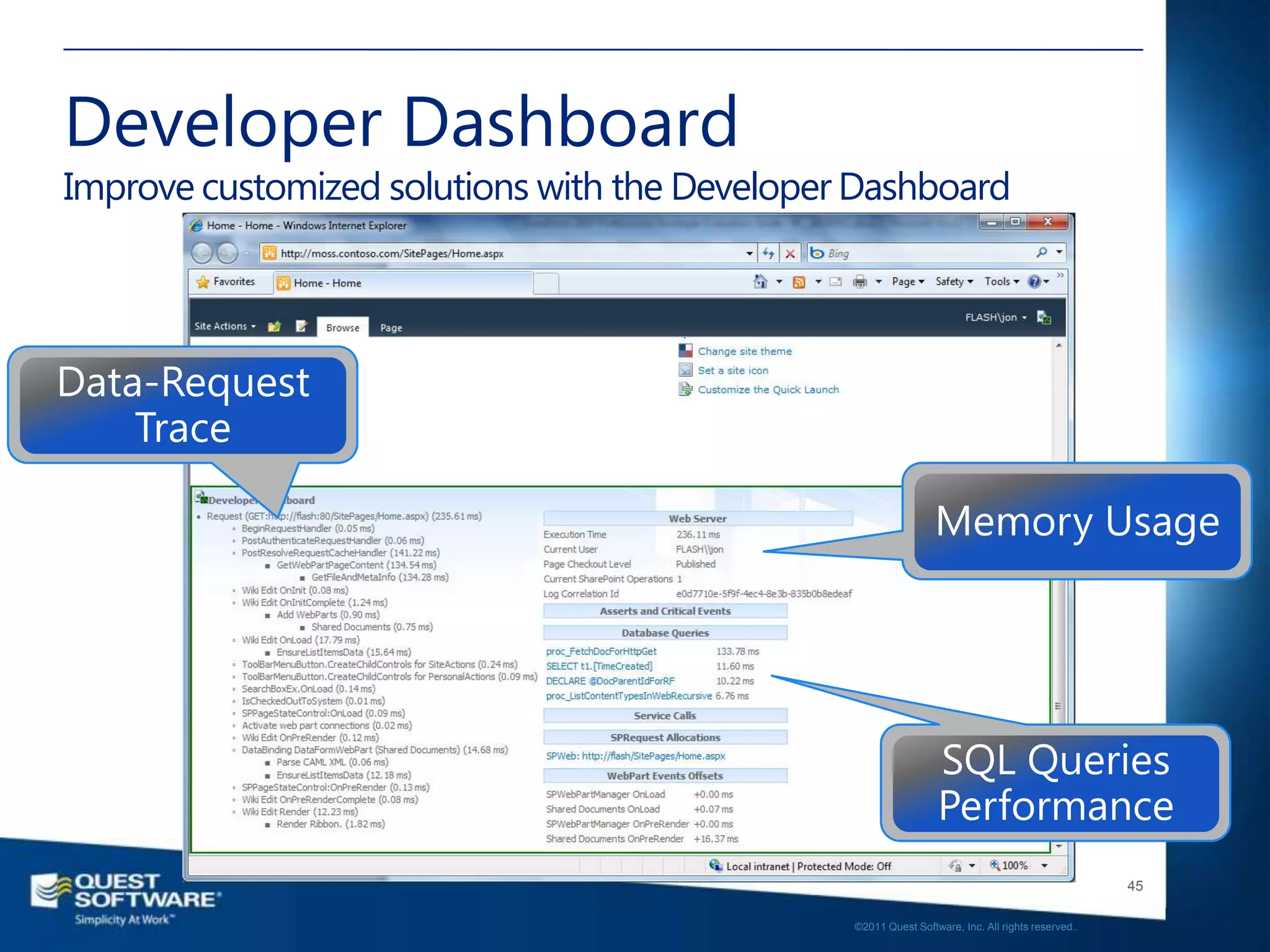 Developer Dashboard
Improve customized solutions with the Developer Dashboard




                                                                                                  45

                                               ©2011 Quest Software, Inc. All rights reserved..
 
