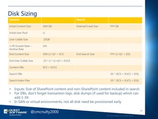 Disk Sizing
Content                                             Search

Initial Content Size      XXX GB                    External Crawl Size         YYY GB

Initial User Pool         U

User Collab Size          .25GB

n YR Growth Rate –        G%
Archive Rate
End Content Size          XXX (1+G)n = ECS          End Search Size             YYY (1+G)n = ESS

End User Collab Size      .25 * U * (1+G)n = EUCS

Content DBs               ECS + EUCS

Search DBs                                                                      .05 * (ECS + EUCS + ESS)

Search Index Files                                                              .05 * (ECS + EUCS + ESS)


•   Inputs: Size of SharePoint content and non-SharePoint content included in search
•   For DBs, don‘t forget transaction logs, disk dumps (if used for backup) which can
    add 1-3X.
•   In SAN or virtual environments, not all disk need be provisioned early

                     @cmcnulty2000                                                                                           23

                                                                          ©2011 Quest Software, Inc. All rights reserved..
 