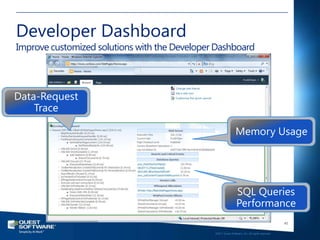 Developer Dashboard
Improve customized solutions with the Developer Dashboard




                                                                                                  45

                                               ©2011 Quest Software, Inc. All rights reserved..
 