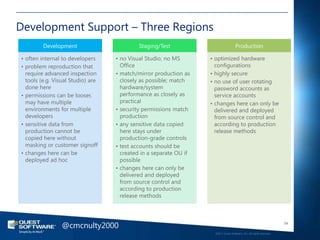 Development Support – Three Regions
         Development                        Staging/Test                            Production

• often internal to developers     • no Visual Studio, no MS       • optimized hardware
• problem reproduction that          Office                          configurations
  require advanced inspection      • match/mirror production as    • highly secure
  tools (e.g. Visual Studio) are     closely as possible; match    • no use of user rotating
  done here                          hardware/system                 password accounts as
• permissions can be looser,         performance as closely as       service accounts
  may have multiple                  practical                     • changes here can only be
  environments for multiple        • security permissions match      delivered and deployed
  developers                         production                      from source control and
• sensitive data from              • any sensitive data copied       according to production
  production cannot be               here stays under                release methods
  copied here without                production-grade controls
  masking or customer signoff      • test accounts should be
• changes here can be                created in a separate OU if
  deployed ad hoc                    possible
                                   • changes here can only be
                                     delivered and deployed
                                     from source control and
                                     according to production
                                     release methods




                 @cmcnulty2000                                                                                         54

                                                                    ©2011 Quest Software, Inc. All rights reserved..
 