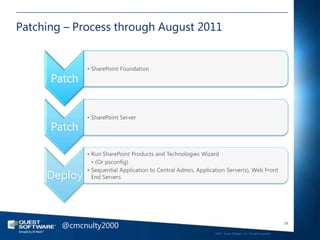 Patching – Process through August 2011


              • SharePoint Foundation

      Patch


              • SharePoint Server
      Patch

              • Run SharePoint Products and Technologies Wizard
                • (Or psconfig)
              • Sequential Application to Central Admin, Application Server(s), Web Front
     Deploy     End Servers




        @cmcnulty2000                                                                                              58

                                                                ©2011 Quest Software, Inc. All rights reserved..
 