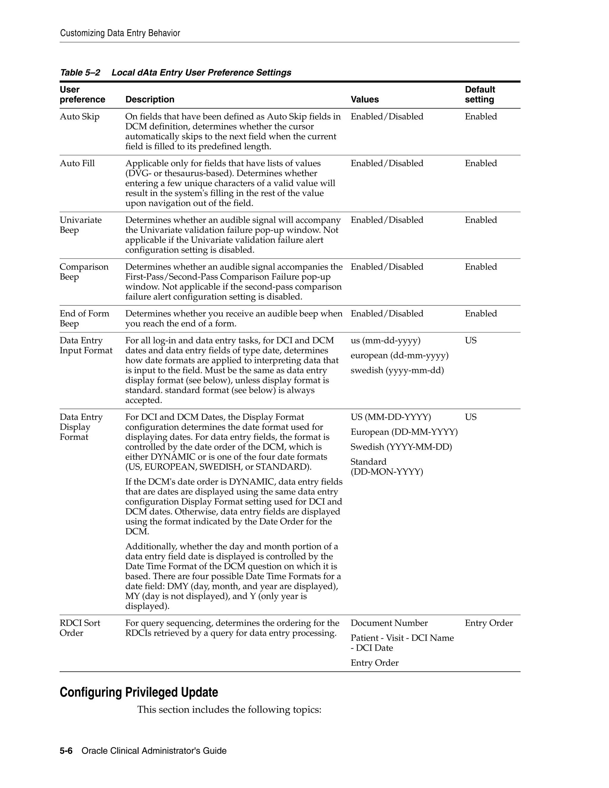 Customizing Data Entry Behavior



Table 5–2     Local dAta Entry User Preference Settings
User                                                                                                    Default
preference       Description                                               Values                       setting
Auto Skip        On fields that have been defined as Auto Skip fields in   Enabled/Disabled             Enabled
                 DCM definition, determines whether the cursor
                 automatically skips to the next field when the current
                 field is filled to its predefined length.
Auto Fill        Applicable only for fields that have lists of values      Enabled/Disabled             Enabled
                 (DVG- or thesaurus-based). Determines whether
                 entering a few unique characters of a valid value will
                 result in the system's filling in the rest of the value
                 upon navigation out of the field.
Univariate       Determines whether an audible signal will accompany       Enabled/Disabled             Enabled
Beep             the Univariate validation failure pop-up window. Not
                 applicable if the Univariate validation failure alert
                 configuration setting is disabled.
Comparison       Determines whether an audible signal accompanies the Enabled/Disabled                  Enabled
Beep             First-Pass/Second-Pass Comparison Failure pop-up
                 window. Not applicable if the second-pass comparison
                 failure alert configuration setting is disabled.
End of Form      Determines whether you receive an audible beep when Enabled/Disabled                   Enabled
Beep             you reach the end of a form.
Data Entry       For all log-in and data entry tasks, for DCI and DCM      us (mm-dd-yyyy)              US
Input Format     dates and data entry fields of type date, determines
                                                                           european (dd-mm-yyyy)
                 how date formats are applied to interpreting data that
                 is input to the field. Must be the same as data entry     swedish (yyyy-mm-dd)
                 display format (see below), unless display format is
                 standard. standard format (see below) is always
                 accepted.
Data Entry       For DCI and DCM Dates, the Display Format                 US (MM-DD-YYYY)              US
Display          configuration determines the date format used for
                                                                           European (DD-MM-YYYY)
Format           displaying dates. For data entry fields, the format is
                 controlled by the date order of the DCM, which is         Swedish (YYYY-MM-DD)
                 either DYNAMIC or is one of the four date formats
                                                                           Standard
                 (US, EUROPEAN, SWEDISH, or STANDARD).
                                                                           (DD-MON-YYYY)
                 If the DCM's date order is DYNAMIC, data entry fields
                 that are dates are displayed using the same data entry
                 configuration Display Format setting used for DCI and
                 DCM dates. Otherwise, data entry fields are displayed
                 using the format indicated by the Date Order for the
                 DCM.
                 Additionally, whether the day and month portion of a
                 data entry field date is displayed is controlled by the
                 Date Time Format of the DCM question on which it is
                 based. There are four possible Date Time Formats for a
                 date field: DMY (day, month, and year are displayed),
                 MY (day is not displayed), and Y (only year is
                 displayed).
RDCI Sort        For query sequencing, determines the ordering for the     Document Number              Entry Order
Order            RDCIs retrieved by a query for data entry processing.
                                                                           Patient - Visit - DCI Name
                                                                           - DCI Date
                                                                           Entry Order


Configuring Privileged Update
                    This section includes the following topics:



5-6 Oracle Clinical Administrator's Guide
 