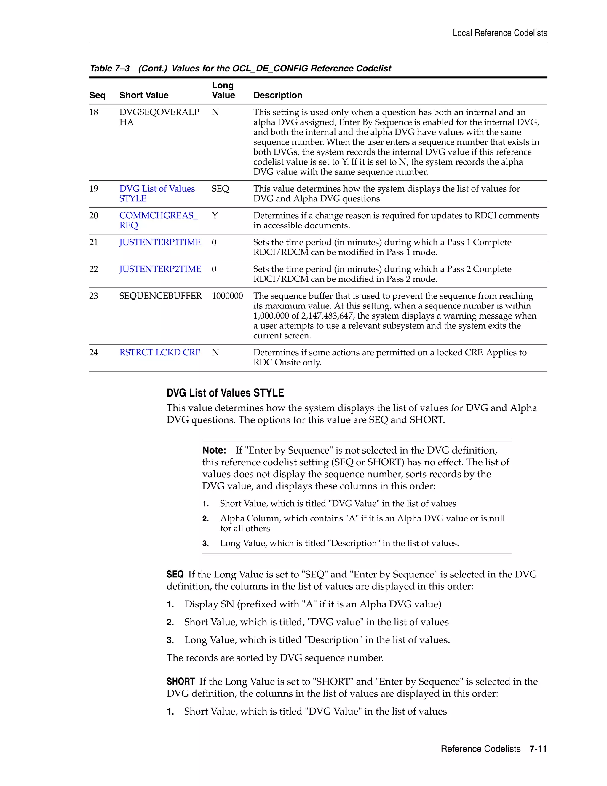 Local Reference Codelists


Table 7–3 (Cont.) Values for the OCL_DE_CONFIG Reference Codelist
                                Long
Seq   Short Value               Value       Description
18    DVGSEQOVERALP             N           This setting is used only when a question has both an internal and an
      HA                                    alpha DVG assigned, Enter By Sequence is enabled for the internal DVG,
                                            and both the internal and the alpha DVG have values with the same
                                            sequence number. When the user enters a sequence number that exists in
                                            both DVGs, the system records the internal DVG value if this reference
                                            codelist value is set to Y. If it is set to N, the system records the alpha
                                            DVG value with the same sequence number.
19    DVG List of Values        SEQ         This value determines how the system displays the list of values for
      STYLE                                 DVG and Alpha DVG questions.
20    COMMCHGREAS_              Y           Determines if a change reason is required for updates to RDCI comments
      REQ                                   in accessible documents.
21    JUSTENTERP1TIME           0           Sets the time period (in minutes) during which a Pass 1 Complete
                                            RDCI/RDCM can be modified in Pass 1 mode.
22    JUSTENTERP2TIME           0           Sets the time period (in minutes) during which a Pass 2 Complete
                                            RDCI/RDCM can be modified in Pass 2 mode.
23    SEQUENCEBUFFER            1000000     The sequence buffer that is used to prevent the sequence from reaching
                                            its maximum value. At this setting, when a sequence number is within
                                            1,000,000 of 2,147,483,647, the system displays a warning message when
                                            a user attempts to use a relevant subsystem and the system exits the
                                            current screen.
24    RSTRCT LCKD CRF           N           Determines if some actions are permitted on a locked CRF. Applies to
                                            RDC Onsite only.


                 DVG List of Values STYLE
                 This value determines how the system displays the list of values for DVG and Alpha
                 DVG questions. The options for this value are SEQ and SHORT.


                           Note:    If "Enter by Sequence" is not selected in the DVG definition,
                           this reference codelist setting (SEQ or SHORT) has no effect. The list of
                           values does not display the sequence number, sorts records by the
                           DVG value, and displays these columns in this order:
                           1.       Short Value, which is titled "DVG Value" in the list of values
                           2.       Alpha Column, which contains "A" if it is an Alpha DVG value or is null
                                    for all others
                           3.       Long Value, which is titled "Description" in the list of values.


                 SEQ If the Long Value is set to "SEQ" and "Enter by Sequence" is selected in the DVG
                 definition, the columns in the list of values are displayed in this order:
                 1.   Display SN (prefixed with "A" if it is an Alpha DVG value)
                 2.   Short Value, which is titled, "DVG value" in the list of values
                 3.   Long Value, which is titled "Description" in the list of values.
                 The records are sorted by DVG sequence number.

                 SHORT If the Long Value is set to "SHORT" and "Enter by Sequence" is selected in the
                 DVG definition, the columns in the list of values are displayed in this order:
                 1.   Short Value, which is titled "DVG Value" in the list of values


                                                                                               Reference Codelists 7-11
 