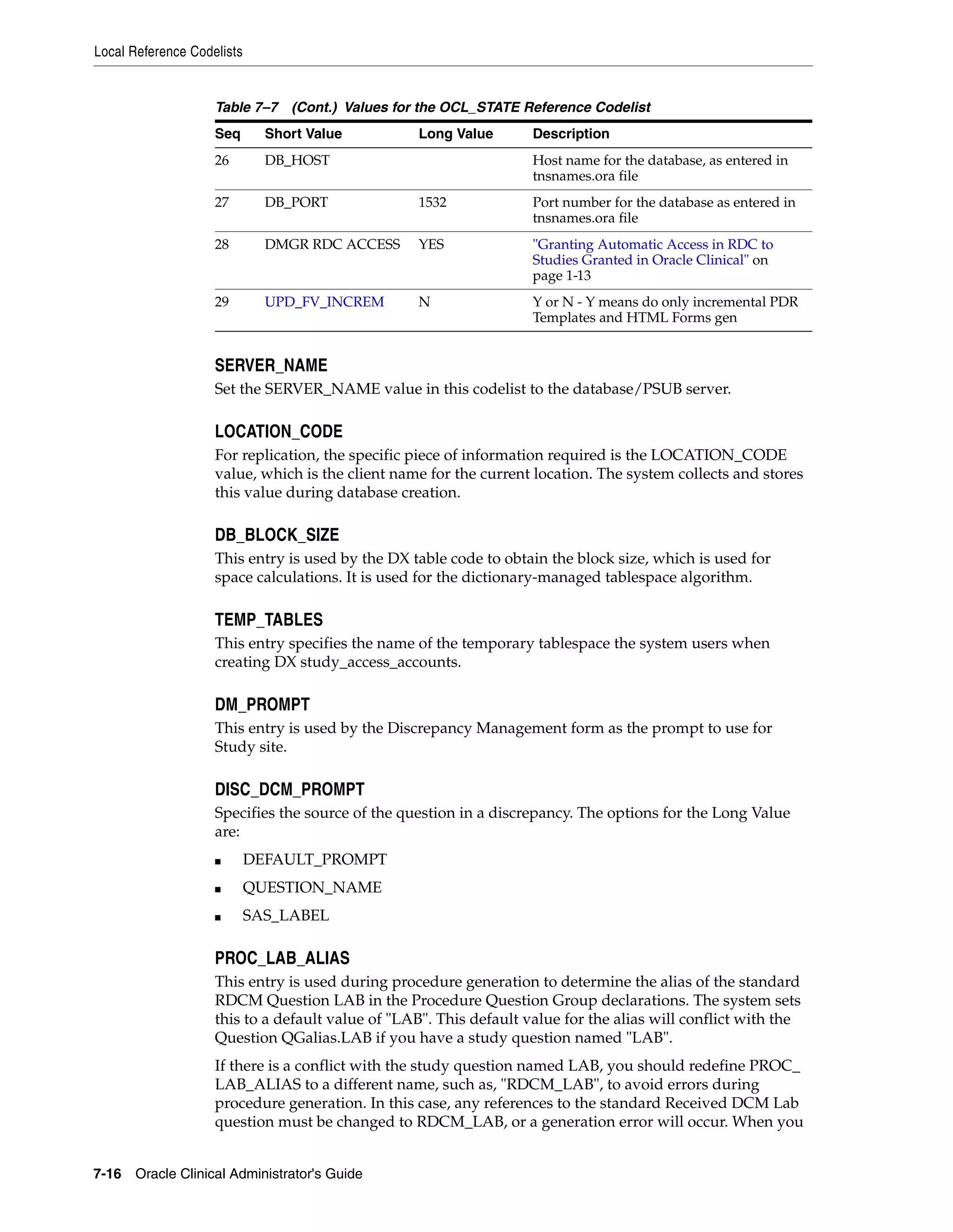 Local Reference Codelists


                    Table 7–7 (Cont.) Values for the OCL_STATE Reference Codelist
                    Seq       Short Value         Long Value        Description
                    26        DB_HOST                               Host name for the database, as entered in
                                                                    tnsnames.ora file
                    27        DB_PORT             1532              Port number for the database as entered in
                                                                    tnsnames.ora file
                    28        DMGR RDC ACCESS     YES               "Granting Automatic Access in RDC to
                                                                    Studies Granted in Oracle Clinical" on
                                                                    page 1-13
                    29        UPD_FV_INCREM       N                 Y or N - Y means do only incremental PDR
                                                                    Templates and HTML Forms gen


                    SERVER_NAME
                    Set the SERVER_NAME value in this codelist to the database/PSUB server.

                    LOCATION_CODE
                    For replication, the specific piece of information required is the LOCATION_CODE
                    value, which is the client name for the current location. The system collects and stores
                    this value during database creation.

                    DB_BLOCK_SIZE
                    This entry is used by the DX table code to obtain the block size, which is used for
                    space calculations. It is used for the dictionary-managed tablespace algorithm.

                    TEMP_TABLES
                    This entry specifies the name of the temporary tablespace the system users when
                    creating DX study_access_accounts.

                    DM_PROMPT
                    This entry is used by the Discrepancy Management form as the prompt to use for
                    Study site.

                    DISC_DCM_PROMPT
                    Specifies the source of the question in a discrepancy. The options for the Long Value
                    are:
                    ■       DEFAULT_PROMPT
                    ■       QUESTION_NAME
                    ■       SAS_LABEL

                    PROC_LAB_ALIAS
                    This entry is used during procedure generation to determine the alias of the standard
                    RDCM Question LAB in the Procedure Question Group declarations. The system sets
                    this to a default value of "LAB". This default value for the alias will conflict with the
                    Question QGalias.LAB if you have a study question named "LAB".
                    If there is a conflict with the study question named LAB, you should redefine PROC_
                    LAB_ALIAS to a different name, such as, "RDCM_LAB", to avoid errors during
                    procedure generation. In this case, any references to the standard Received DCM Lab
                    question must be changed to RDCM_LAB, or a generation error will occur. When you


7-16 Oracle Clinical Administrator's Guide
 