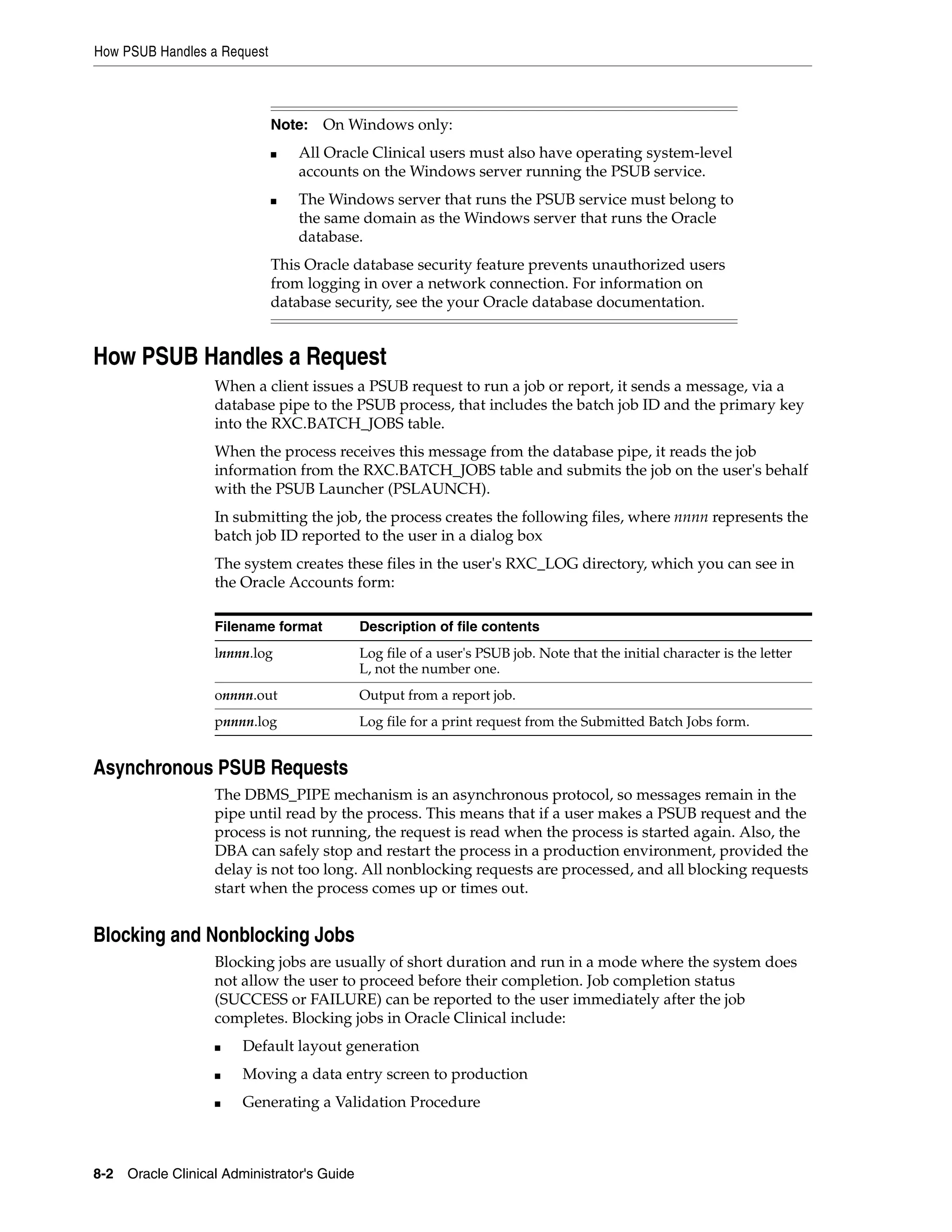 How PSUB Handles a Request



                             Note:   On Windows only:
                             ■   All Oracle Clinical users must also have operating system-level
                                 accounts on the Windows server running the PSUB service.
                             ■   The Windows server that runs the PSUB service must belong to
                                 the same domain as the Windows server that runs the Oracle
                                 database.
                             This Oracle database security feature prevents unauthorized users
                             from logging in over a network connection. For information on
                             database security, see the your Oracle database documentation.


How PSUB Handles a Request
                   When a client issues a PSUB request to run a job or report, it sends a message, via a
                   database pipe to the PSUB process, that includes the batch job ID and the primary key
                   into the RXC.BATCH_JOBS table.
                   When the process receives this message from the database pipe, it reads the job
                   information from the RXC.BATCH_JOBS table and submits the job on the user's behalf
                   with the PSUB Launcher (PSLAUNCH).
                   In submitting the job, the process creates the following files, where nnnn represents the
                   batch job ID reported to the user in a dialog box
                   The system creates these files in the user's RXC_LOG directory, which you can see in
                   the Oracle Accounts form:

                   Filename format          Description of file contents
                   lnnnn.log                Log file of a user's PSUB job. Note that the initial character is the letter
                                            L, not the number one.
                   onnnn.out                Output from a report job.
                   pnnnn.log                Log file for a print request from the Submitted Batch Jobs form.


Asynchronous PSUB Requests
                   The DBMS_PIPE mechanism is an asynchronous protocol, so messages remain in the
                   pipe until read by the process. This means that if a user makes a PSUB request and the
                   process is not running, the request is read when the process is started again. Also, the
                   DBA can safely stop and restart the process in a production environment, provided the
                   delay is not too long. All nonblocking requests are processed, and all blocking requests
                   start when the process comes up or times out.


Blocking and Nonblocking Jobs
                   Blocking jobs are usually of short duration and run in a mode where the system does
                   not allow the user to proceed before their completion. Job completion status
                   (SUCCESS or FAILURE) can be reported to the user immediately after the job
                   completes. Blocking jobs in Oracle Clinical include:
                   ■   Default layout generation
                   ■   Moving a data entry screen to production
                   ■   Generating a Validation Procedure



8-2 Oracle Clinical Administrator's Guide
 
