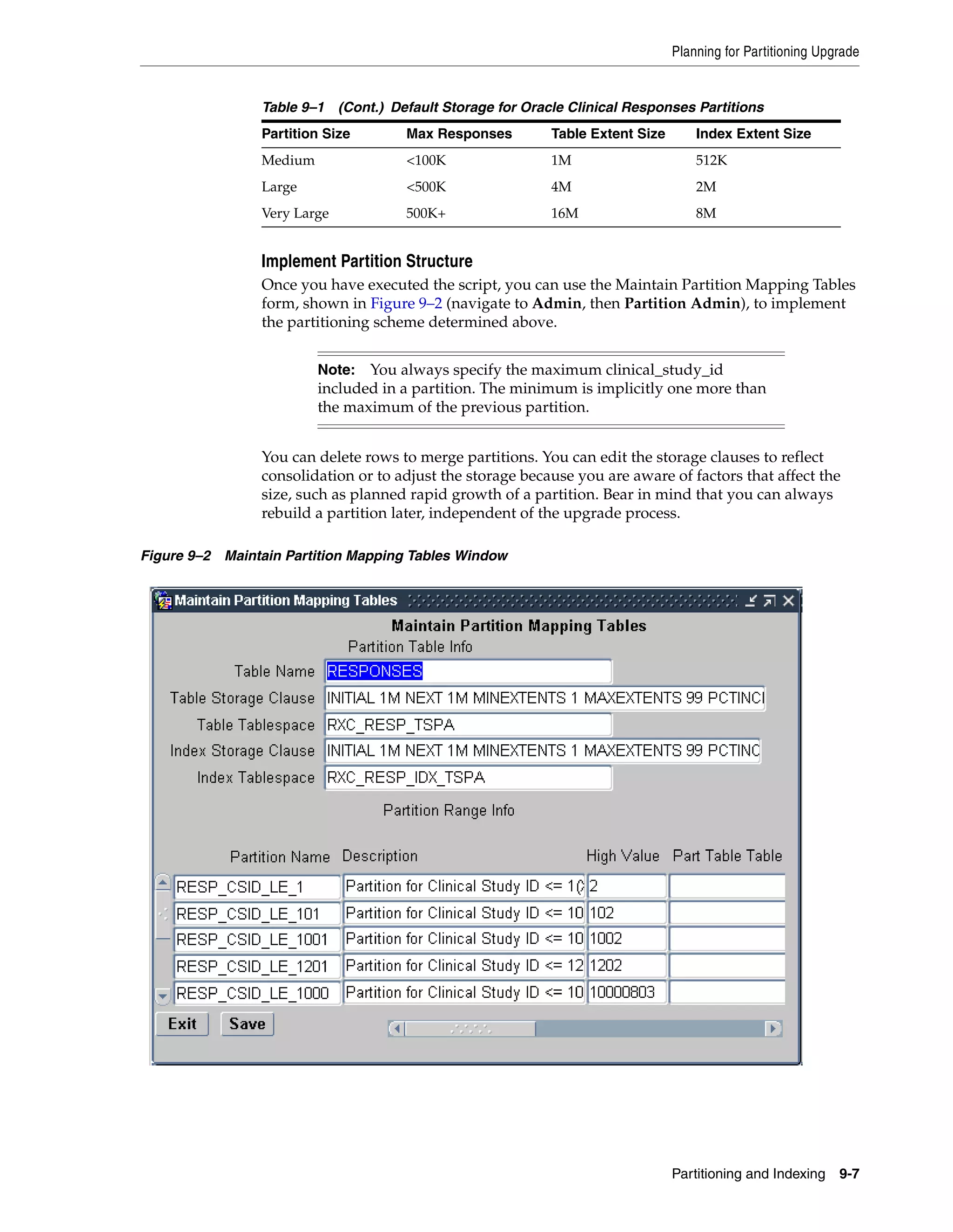 Planning for Partitioning Upgrade


                Table 9–1 (Cont.) Default Storage for Oracle Clinical Responses Partitions
                Partition Size       Max Responses         Table Extent Size       Index Extent Size
                Medium               <100K                 1M                      512K
                Large                <500K                 4M                      2M
                Very Large           500K+                 16M                     8M


                Implement Partition Structure
                Once you have executed the script, you can use the Maintain Partition Mapping Tables
                form, shown in Figure 9–2 (navigate to Admin, then Partition Admin), to implement
                the partitioning scheme determined above.


                         Note:  You always specify the maximum clinical_study_id
                         included in a partition. The minimum is implicitly one more than
                         the maximum of the previous partition.


                You can delete rows to merge partitions. You can edit the storage clauses to reflect
                consolidation or to adjust the storage because you are aware of factors that affect the
                size, such as planned rapid growth of a partition. Bear in mind that you can always
                rebuild a partition later, independent of the upgrade process.

Figure 9–2 Maintain Partition Mapping Tables Window




                                                                               Partitioning and Indexing 9-7
 