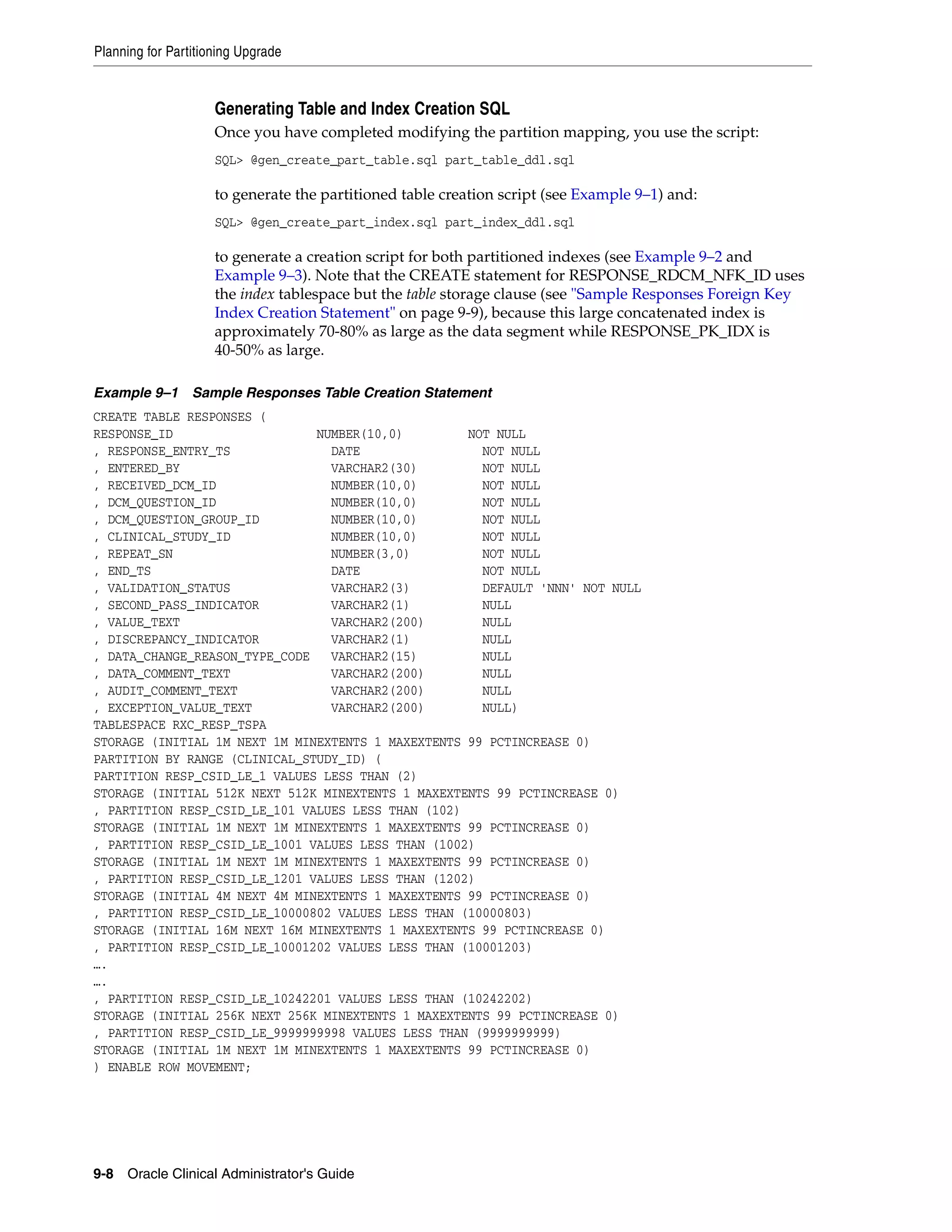 Planning for Partitioning Upgrade


                     Generating Table and Index Creation SQL
                     Once you have completed modifying the partition mapping, you use the script:
                     SQL> @gen_create_part_table.sql part_table_ddl.sql

                     to generate the partitioned table creation script (see Example 9–1) and:
                     SQL> @gen_create_part_index.sql part_index_ddl.sql

                     to generate a creation script for both partitioned indexes (see Example 9–2 and
                     Example 9–3). Note that the CREATE statement for RESPONSE_RDCM_NFK_ID uses
                     the index tablespace but the table storage clause (see "Sample Responses Foreign Key
                     Index Creation Statement" on page 9-9), because this large concatenated index is
                     approximately 70-80% as large as the data segment while RESPONSE_PK_IDX is
                     40-50% as large.

Example 9–1 Sample Responses Table Creation Statement
CREATE TABLE RESPONSES (
RESPONSE_ID                    NUMBER(10,0)         NOT NULL
, RESPONSE_ENTRY_TS              DATE                 NOT NULL
, ENTERED_BY                     VARCHAR2(30)         NOT NULL
, RECEIVED_DCM_ID                NUMBER(10,0)         NOT NULL
, DCM_QUESTION_ID                NUMBER(10,0)         NOT NULL
, DCM_QUESTION_GROUP_ID          NUMBER(10,0)         NOT NULL
, CLINICAL_STUDY_ID              NUMBER(10,0)         NOT NULL
, REPEAT_SN                      NUMBER(3,0)          NOT NULL
, END_TS                         DATE                 NOT NULL
, VALIDATION_STATUS              VARCHAR2(3)          DEFAULT 'NNN' NOT NULL
, SECOND_PASS_INDICATOR          VARCHAR2(1)          NULL
, VALUE_TEXT                     VARCHAR2(200)        NULL
, DISCREPANCY_INDICATOR          VARCHAR2(1)          NULL
, DATA_CHANGE_REASON_TYPE_CODE   VARCHAR2(15)         NULL
, DATA_COMMENT_TEXT              VARCHAR2(200)        NULL
, AUDIT_COMMENT_TEXT             VARCHAR2(200)        NULL
, EXCEPTION_VALUE_TEXT           VARCHAR2(200)        NULL)
TABLESPACE RXC_RESP_TSPA
STORAGE (INITIAL 1M NEXT 1M MINEXTENTS 1 MAXEXTENTS 99 PCTINCREASE 0)
PARTITION BY RANGE (CLINICAL_STUDY_ID) (
PARTITION RESP_CSID_LE_1 VALUES LESS THAN (2)
STORAGE (INITIAL 512K NEXT 512K MINEXTENTS 1 MAXEXTENTS 99 PCTINCREASE 0)
, PARTITION RESP_CSID_LE_101 VALUES LESS THAN (102)
STORAGE (INITIAL 1M NEXT 1M MINEXTENTS 1 MAXEXTENTS 99 PCTINCREASE 0)
, PARTITION RESP_CSID_LE_1001 VALUES LESS THAN (1002)
STORAGE (INITIAL 1M NEXT 1M MINEXTENTS 1 MAXEXTENTS 99 PCTINCREASE 0)
, PARTITION RESP_CSID_LE_1201 VALUES LESS THAN (1202)
STORAGE (INITIAL 4M NEXT 4M MINEXTENTS 1 MAXEXTENTS 99 PCTINCREASE 0)
, PARTITION RESP_CSID_LE_10000802 VALUES LESS THAN (10000803)
STORAGE (INITIAL 16M NEXT 16M MINEXTENTS 1 MAXEXTENTS 99 PCTINCREASE 0)
, PARTITION RESP_CSID_LE_10001202 VALUES LESS THAN (10001203)
….
….
, PARTITION RESP_CSID_LE_10242201 VALUES LESS THAN (10242202)
STORAGE (INITIAL 256K NEXT 256K MINEXTENTS 1 MAXEXTENTS 99 PCTINCREASE 0)
, PARTITION RESP_CSID_LE_9999999998 VALUES LESS THAN (9999999999)
STORAGE (INITIAL 1M NEXT 1M MINEXTENTS 1 MAXEXTENTS 99 PCTINCREASE 0)
) ENABLE ROW MOVEMENT;




9-8 Oracle Clinical Administrator's Guide
 