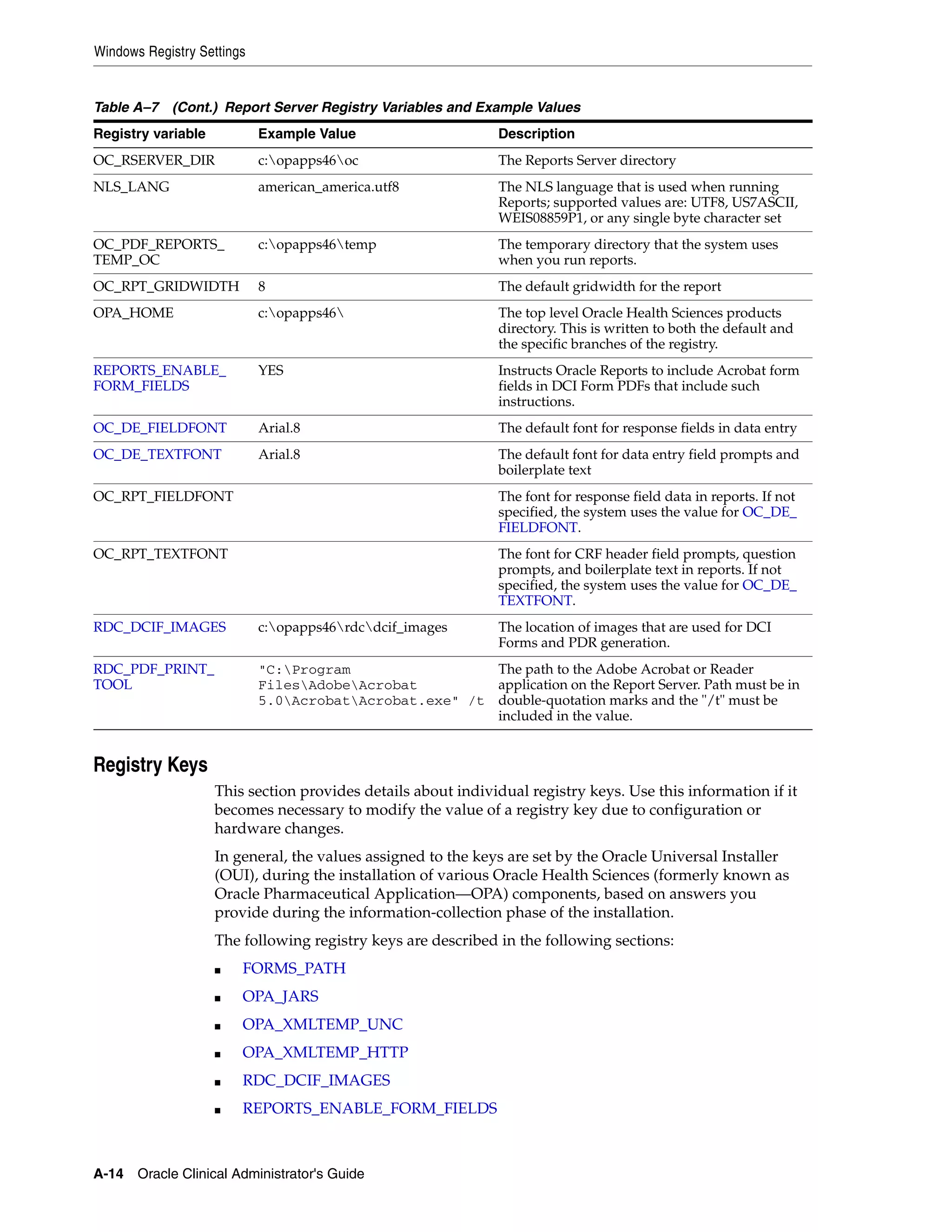 Windows Registry Settings


Table A–7 (Cont.) Report Server Registry Variables and Example Values
Registry variable           Example Value                     Description
OC_RSERVER_DIR              c:opapps46oc                    The Reports Server directory
NLS_LANG                    american_america.utf8             The NLS language that is used when running
                                                              Reports; supported values are: UTF8, US7ASCII,
                                                              WEIS08859P1, or any single byte character set
OC_PDF_REPORTS_             c:opapps46temp                  The temporary directory that the system uses
TEMP_OC                                                       when you run reports.
OC_RPT_GRIDWIDTH            8                                 The default gridwidth for the report
OPA_HOME                    c:opapps46                      The top level Oracle Health Sciences products
                                                              directory. This is written to both the default and
                                                              the specific branches of the registry.
REPORTS_ENABLE_             YES                               Instructs Oracle Reports to include Acrobat form
FORM_FIELDS                                                   fields in DCI Form PDFs that include such
                                                              instructions.
OC_DE_FIELDFONT             Arial.8                           The default font for response fields in data entry
OC_DE_TEXTFONT              Arial.8                           The default font for data entry field prompts and
                                                              boilerplate text
OC_RPT_FIELDFONT                                              The font for response field data in reports. If not
                                                              specified, the system uses the value for OC_DE_
                                                              FIELDFONT.
OC_RPT_TEXTFONT                                               The font for CRF header field prompts, question
                                                              prompts, and boilerplate text in reports. If not
                                                              specified, the system uses the value for OC_DE_
                                                              TEXTFONT.
RDC_DCIF_IMAGES             c:opapps46rdcdcif_images       The location of images that are used for DCI
                                                              Forms and PDR generation.
RDC_PDF_PRINT_              "C:Program                 The path to the Adobe Acrobat or Reader
TOOL                        FilesAdobeAcrobat         application on the Report Server. Path must be in
                            5.0AcrobatAcrobat.exe" /t double-quotation marks and the "/t" must be
                                                        included in the value.


Registry Keys
                    This section provides details about individual registry keys. Use this information if it
                    becomes necessary to modify the value of a registry key due to configuration or
                    hardware changes.
                    In general, the values assigned to the keys are set by the Oracle Universal Installer
                    (OUI), during the installation of various Oracle Health Sciences (formerly known as
                    Oracle Pharmaceutical Application—OPA) components, based on answers you
                    provide during the information-collection phase of the installation.
                    The following registry keys are described in the following sections:
                    ■   FORMS_PATH
                    ■   OPA_JARS
                    ■   OPA_XMLTEMP_UNC
                    ■   OPA_XMLTEMP_HTTP
                    ■   RDC_DCIF_IMAGES
                    ■   REPORTS_ENABLE_FORM_FIELDS



A-14 Oracle Clinical Administrator's Guide
 