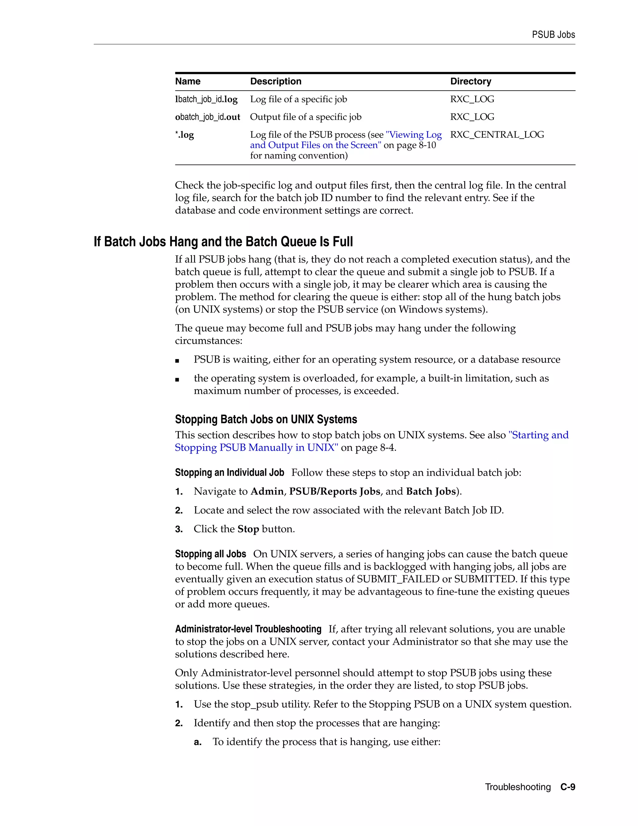 PSUB Jobs



              Name                Description                                  Directory
              lbatch_job_id.log   Log file of a specific job                   RXC_LOG
              obatch_job_id.out   Output file of a specific job                RXC_LOG
              *.log               Log file of the PSUB process (see "Viewing Log RXC_CENTRAL_LOG
                                  and Output Files on the Screen" on page 8-10
                                  for naming convention)


              Check the job-specific log and output files first, then the central log file. In the central
              log file, search for the batch job ID number to find the relevant entry. See if the
              database and code environment settings are correct.


If Batch Jobs Hang and the Batch Queue Is Full
              If all PSUB jobs hang (that is, they do not reach a completed execution status), and the
              batch queue is full, attempt to clear the queue and submit a single job to PSUB. If a
              problem then occurs with a single job, it may be clearer which area is causing the
              problem. The method for clearing the queue is either: stop all of the hung batch jobs
              (on UNIX systems) or stop the PSUB service (on Windows systems).
              The queue may become full and PSUB jobs may hang under the following
              circumstances:
              ■    PSUB is waiting, either for an operating system resource, or a database resource
              ■    the operating system is overloaded, for example, a built-in limitation, such as
                   maximum number of processes, is exceeded.

              Stopping Batch Jobs on UNIX Systems
              This section describes how to stop batch jobs on UNIX systems. See also "Starting and
              Stopping PSUB Manually in UNIX" on page 8-4.

              Stopping an Individual Job Follow these steps to stop an individual batch job:
              1.   Navigate to Admin, PSUB/Reports Jobs, and Batch Jobs).
              2.   Locate and select the row associated with the relevant Batch Job ID.
              3.   Click the Stop button.

              Stopping all Jobs On UNIX servers, a series of hanging jobs can cause the batch queue
              to become full. When the queue fills and is backlogged with hanging jobs, all jobs are
              eventually given an execution status of SUBMIT_FAILED or SUBMITTED. If this type
              of problem occurs frequently, it may be advantageous to fine-tune the existing queues
              or add more queues.

              Administrator-level Troubleshooting If, after trying all relevant solutions, you are unable
              to stop the jobs on a UNIX server, contact your Administrator so that she may use the
              solutions described here.
              Only Administrator-level personnel should attempt to stop PSUB jobs using these
              solutions. Use these strategies, in the order they are listed, to stop PSUB jobs.
              1.   Use the stop_psub utility. Refer to the Stopping PSUB on a UNIX system question.
              2.   Identify and then stop the processes that are hanging:
                   a.   To identify the process that is hanging, use either:



                                                                                      Troubleshooting C-9
 
