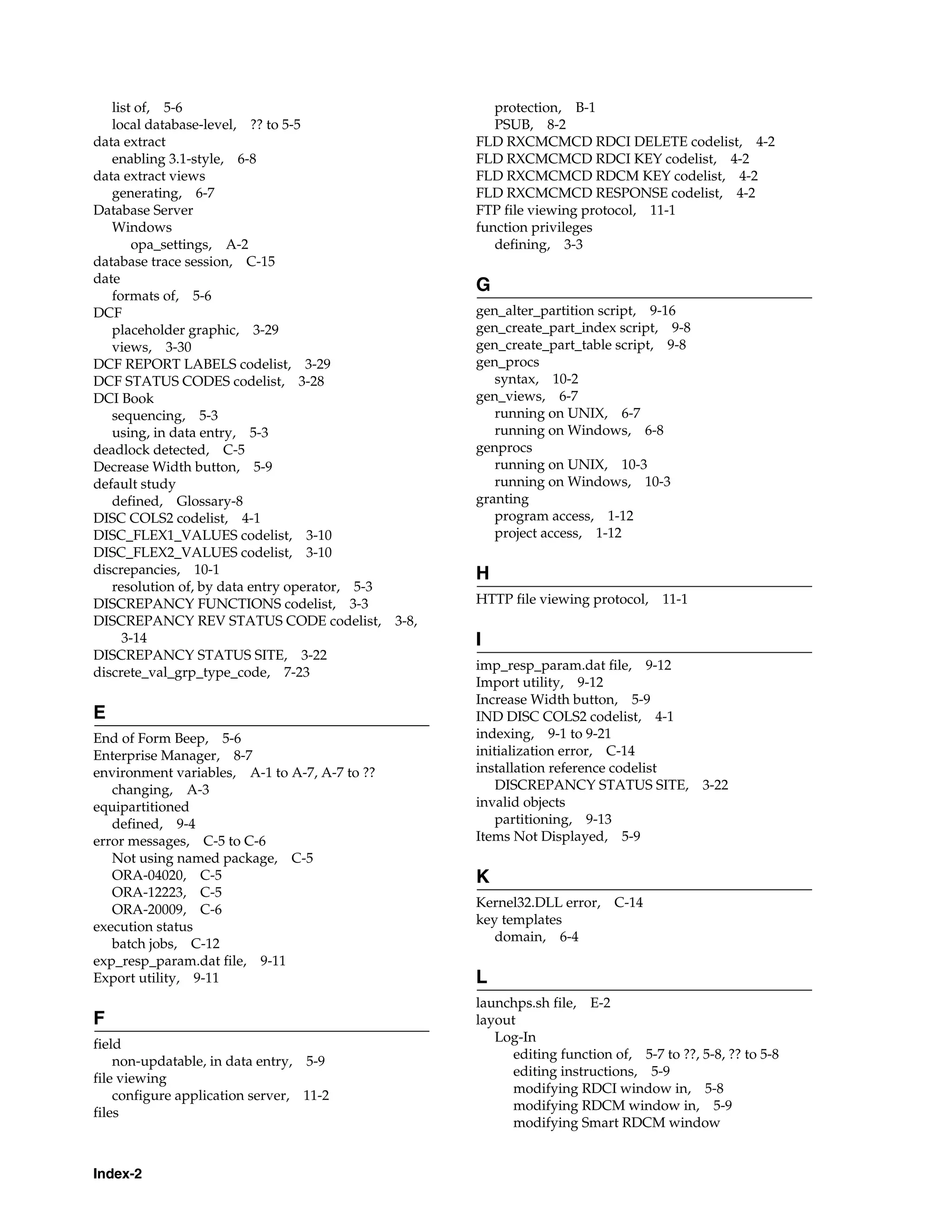 list of, 5-6                                           protection, B-1
   local database-level, ?? to 5-5                        PSUB, 8-2
data extract                                           FLD RXCMCMCD RDCI DELETE codelist, 4-2
   enabling 3.1-style, 6-8                             FLD RXCMCMCD RDCI KEY codelist, 4-2
data extract views                                     FLD RXCMCMCD RDCM KEY codelist, 4-2
   generating, 6-7                                     FLD RXCMCMCD RESPONSE codelist, 4-2
Database Server                                        FTP file viewing protocol, 11-1
   Windows                                             function privileges
       opa_settings, A-2                                  defining, 3-3
database trace session, C-15
date
                                                       G
   formats of, 5-6
DCF                                                    gen_alter_partition script, 9-16
   placeholder graphic, 3-29                           gen_create_part_index script, 9-8
   views, 3-30                                         gen_create_part_table script, 9-8
DCF REPORT LABELS codelist, 3-29                       gen_procs
DCF STATUS CODES codelist, 3-28                           syntax, 10-2
DCI Book                                               gen_views, 6-7
   sequencing, 5-3                                        running on UNIX, 6-7
   using, in data entry, 5-3                              running on Windows, 6-8
deadlock detected, C-5                                 genprocs
Decrease Width button, 5-9                                running on UNIX, 10-3
default study                                             running on Windows, 10-3
   defined, Glossary-8                                 granting
DISC COLS2 codelist, 4-1                                  program access, 1-12
DISC_FLEX1_VALUES codelist, 3-10                          project access, 1-12
DISC_FLEX2_VALUES codelist, 3-10
discrepancies, 10-1                                    H
   resolution of, by data entry operator, 5-3
DISCREPANCY FUNCTIONS codelist, 3-3                    HTTP file viewing protocol,     11-1
DISCREPANCY REV STATUS CODE codelist,           3-8,
     3-14                                              I
DISCREPANCY STATUS SITE, 3-22
                                                       imp_resp_param.dat file, 9-12
discrete_val_grp_type_code, 7-23
                                                       Import utility, 9-12
                                                       Increase Width button, 5-9
E                                                      IND DISC COLS2 codelist, 4-1
End of Form Beep, 5-6                                  indexing, 9-1 to 9-21
Enterprise Manager, 8-7                                initialization error, C-14
environment variables, A-1 to A-7, A-7 to ??           installation reference codelist
   changing, A-3                                           DISCREPANCY STATUS SITE, 3-22
equipartitioned                                        invalid objects
   defined, 9-4                                            partitioning, 9-13
error messages, C-5 to C-6                             Items Not Displayed, 5-9
   Not using named package, C-5
   ORA-04020, C-5                                      K
   ORA-12223, C-5
                                                       Kernel32.DLL error, C-14
   ORA-20009, C-6
                                                       key templates
execution status
                                                          domain, 6-4
   batch jobs, C-12
exp_resp_param.dat file, 9-11
Export utility, 9-11                                   L
                                                       launchps.sh file, E-2
F                                                      layout
field                                                     Log-In
    non-updatable, in data entry, 5-9                        editing function of, 5-7 to ??, 5-8, ?? to 5-8
file viewing                                                 editing instructions, 5-9
    configure application server, 11-2                       modifying RDCI window in, 5-8
files                                                        modifying RDCM window in, 5-9
                                                             modifying Smart RDCM window


Index-2
 