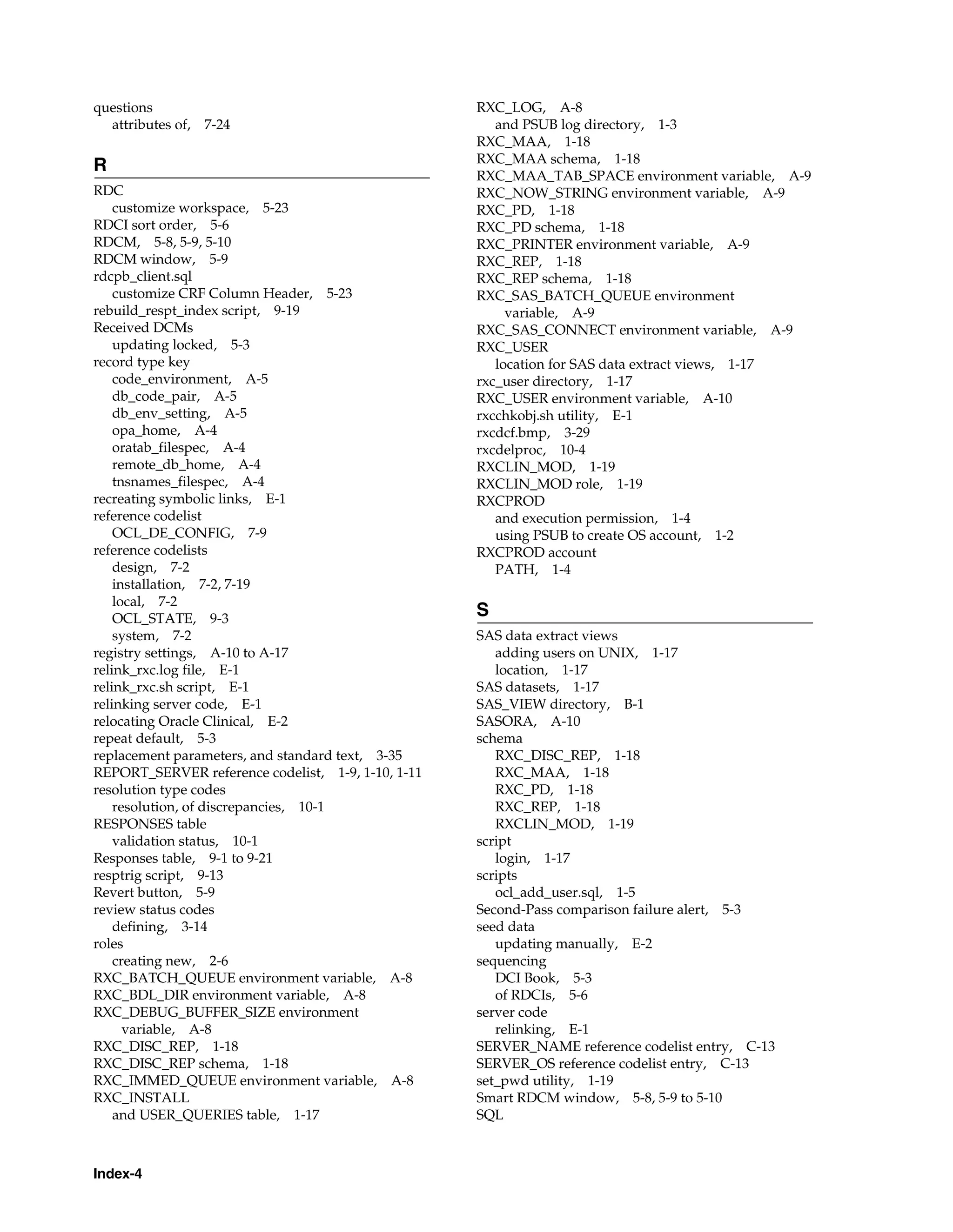 questions                                           RXC_LOG, A-8
  attributes of, 7-24                                  and PSUB log directory, 1-3
                                                    RXC_MAA, 1-18
                                                    RXC_MAA schema, 1-18
R
                                                    RXC_MAA_TAB_SPACE environment variable, A-9
RDC                                                 RXC_NOW_STRING environment variable, A-9
    customize workspace, 5-23                       RXC_PD, 1-18
RDCI sort order, 5-6                                RXC_PD schema, 1-18
RDCM, 5-8, 5-9, 5-10                                RXC_PRINTER environment variable, A-9
RDCM window, 5-9                                    RXC_REP, 1-18
rdcpb_client.sql                                    RXC_REP schema, 1-18
    customize CRF Column Header, 5-23               RXC_SAS_BATCH_QUEUE environment
rebuild_respt_index script, 9-19                         variable, A-9
Received DCMs                                       RXC_SAS_CONNECT environment variable, A-9
    updating locked, 5-3                            RXC_USER
record type key                                        location for SAS data extract views, 1-17
    code_environment, A-5                           rxc_user directory, 1-17
    db_code_pair, A-5                               RXC_USER environment variable, A-10
    db_env_setting, A-5                             rxcchkobj.sh utility, E-1
    opa_home, A-4                                   rxcdcf.bmp, 3-29
    oratab_filespec, A-4                            rxcdelproc, 10-4
    remote_db_home, A-4                             RXCLIN_MOD, 1-19
    tnsnames_filespec, A-4                          RXCLIN_MOD role, 1-19
recreating symbolic links, E-1                      RXCPROD
reference codelist                                     and execution permission, 1-4
    OCL_DE_CONFIG, 7-9                                 using PSUB to create OS account, 1-2
reference codelists                                 RXCPROD account
    design, 7-2                                        PATH, 1-4
    installation, 7-2, 7-19
    local, 7-2
    OCL_STATE, 9-3
                                                    S
    system, 7-2                                     SAS data extract views
registry settings, A-10 to A-17                        adding users on UNIX, 1-17
relink_rxc.log file, E-1                               location, 1-17
relink_rxc.sh script, E-1                           SAS datasets, 1-17
relinking server code, E-1                          SAS_VIEW directory, B-1
relocating Oracle Clinical, E-2                     SASORA, A-10
repeat default, 5-3                                 schema
replacement parameters, and standard text, 3-35        RXC_DISC_REP, 1-18
REPORT_SERVER reference codelist, 1-9, 1-10, 1-11      RXC_MAA, 1-18
resolution type codes                                  RXC_PD, 1-18
    resolution, of discrepancies, 10-1                 RXC_REP, 1-18
RESPONSES table                                        RXCLIN_MOD, 1-19
    validation status, 10-1                         script
Responses table, 9-1 to 9-21                           login, 1-17
resptrig script, 9-13                               scripts
Revert button, 5-9                                     ocl_add_user.sql, 1-5
review status codes                                 Second-Pass comparison failure alert, 5-3
    defining, 3-14                                  seed data
roles                                                  updating manually, E-2
    creating new, 2-6                               sequencing
RXC_BATCH_QUEUE environment variable, A-8              DCI Book, 5-3
RXC_BDL_DIR environment variable, A-8                  of RDCIs, 5-6
RXC_DEBUG_BUFFER_SIZE environment                   server code
      variable, A-8                                    relinking, E-1
RXC_DISC_REP, 1-18                                  SERVER_NAME reference codelist entry, C-13
RXC_DISC_REP schema, 1-18                           SERVER_OS reference codelist entry, C-13
RXC_IMMED_QUEUE environment variable, A-8           set_pwd utility, 1-19
RXC_INSTALL                                         Smart RDCM window, 5-8, 5-9 to 5-10
    and USER_QUERIES table, 1-17                    SQL



Index-4
 