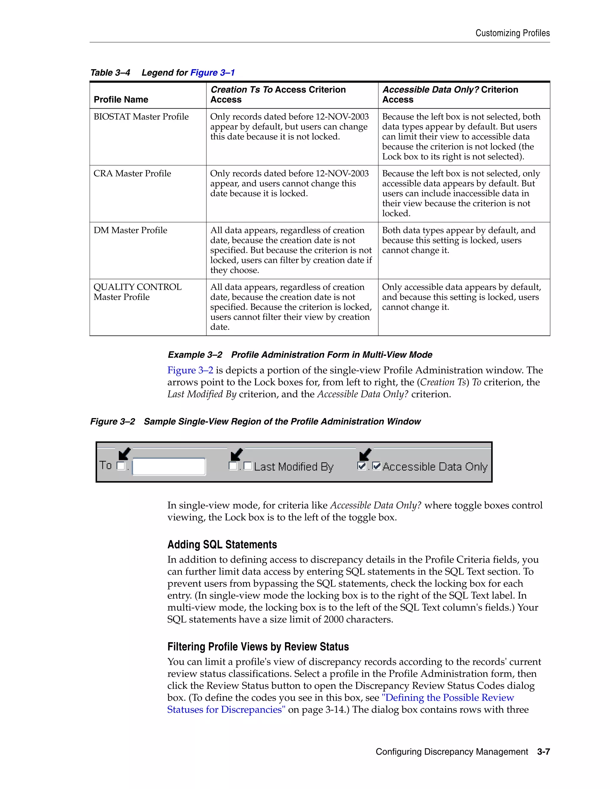 Customizing Profiles



Table 3–4   Legend for Figure 3–1
                              Creation Ts To Access Criterion                 Accessible Data Only? Criterion
Profile Name                  Access                                          Access
BIOSTAT Master Profile        Only records dated before 12-NOV-2003           Because the left box is not selected, both
                              appear by default, but users can change         data types appear by default. But users
                              this date because it is not locked.             can limit their view to accessible data
                                                                              because the criterion is not locked (the
                                                                              Lock box to its right is not selected).
CRA Master Profile            Only records dated before 12-NOV-2003           Because the left box is not selected, only
                              appear, and users cannot change this            accessible data appears by default. But
                              date because it is locked.                      users can include inaccessible data in
                                                                              their view because the criterion is not
                                                                              locked.
DM Master Profile             All data appears, regardless of creation        Both data types appear by default, and
                              date, because the creation date is not          because this setting is locked, users
                              specified. But because the criterion is not     cannot change it.
                              locked, users can filter by creation date if
                              they choose.
QUALITY CONTROL               All data appears, regardless of creation        Only accessible data appears by default,
Master Profile                date, because the creation date is not          and because this setting is locked, users
                              specified. Because the criterion is locked,     cannot change it.
                              users cannot filter their view by creation
                              date.


                    Example 3–2 Profile Administration Form in Multi-View Mode
                    Figure 3–2 is depicts a portion of the single-view Profile Administration window. The
                    arrows point to the Lock boxes for, from left to right, the (Creation Ts) To criterion, the
                    Last Modified By criterion, and the Accessible Data Only? criterion.

Figure 3–2 Sample Single-View Region of the Profile Administration Window




                    In single-view mode, for criteria like Accessible Data Only? where toggle boxes control
                    viewing, the Lock box is to the left of the toggle box.

                    Adding SQL Statements
                    In addition to defining access to discrepancy details in the Profile Criteria fields, you
                    can further limit data access by entering SQL statements in the SQL Text section. To
                    prevent users from bypassing the SQL statements, check the locking box for each
                    entry. (In single-view mode the locking box is to the right of the SQL Text label. In
                    multi-view mode, the locking box is to the left of the SQL Text column's fields.) Your
                    SQL statements have a size limit of 2000 characters.

                    Filtering Profile Views by Review Status
                    You can limit a profile's view of discrepancy records according to the records' current
                    review status classifications. Select a profile in the Profile Administration form, then
                    click the Review Status button to open the Discrepancy Review Status Codes dialog
                    box. (To define the codes you see in this box, see "Defining the Possible Review
                    Statuses for Discrepancies" on page 3-14.) The dialog box contains rows with three



                                                                             Configuring Discrepancy Management        3-7
 