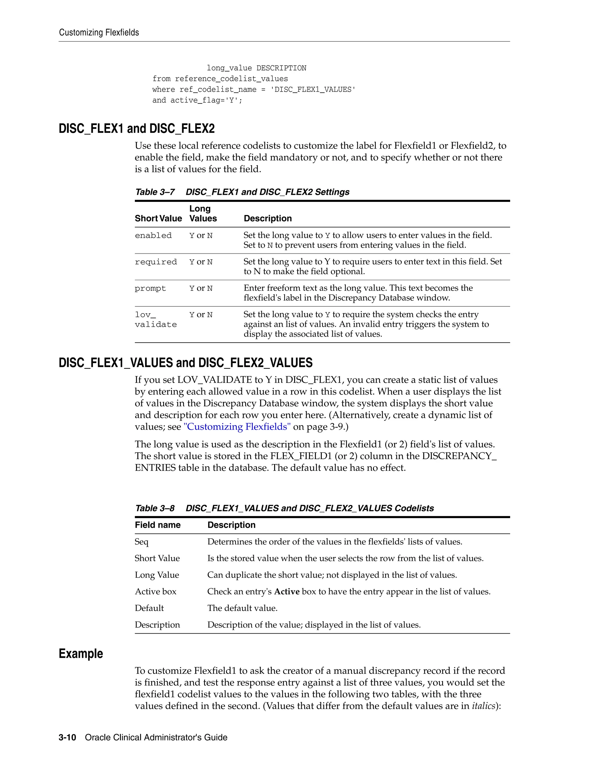Customizing Flexfields


                                      long_value DESCRIPTION
                          from reference_codelist_values
                          where ref_codelist_name = 'DISC_FLEX1_VALUES'
                          and active_flag='Y';


DISC_FLEX1 and DISC_FLEX2
                    Use these local reference codelists to customize the label for Flexfield1 or Flexfield2, to
                    enable the field, make the field mandatory or not, and to specify whether or not there
                    is a list of values for the field.

                    Table 3–7     DISC_FLEX1 and DISC_FLEX2 Settings
                                Long
                    Short Value Values         Description
                    enabled       Y or N       Set the long value to Y to allow users to enter values in the field.
                                               Set to N to prevent users from entering values in the field.
                    required      Y or N       Set the long value to Y to require users to enter text in this field. Set
                                               to N to make the field optional.
                    prompt        Y or N       Enter freeform text as the long value. This text becomes the
                                               flexfield's label in the Discrepancy Database window.
                    lov_          Y or N       Set the long value to Y to require the system checks the entry
                    validate                   against an list of values. An invalid entry triggers the system to
                                               display the associated list of values.


DISC_FLEX1_VALUES and DISC_FLEX2_VALUES
                    If you set LOV_VALIDATE to Y in DISC_FLEX1, you can create a static list of values
                    by entering each allowed value in a row in this codelist. When a user displays the list
                    of values in the Discrepancy Database window, the system displays the short value
                    and description for each row you enter here. (Alternatively, create a dynamic list of
                    values; see "Customizing Flexfields" on page 3-9.)
                    The long value is used as the description in the Flexfield1 (or 2) field's list of values.
                    The short value is stored in the FLEX_FIELD1 (or 2) column in the DISCREPANCY_
                    ENTRIES table in the database. The default value has no effect.



                    Table 3–8     DISC_FLEX1_VALUES and DISC_FLEX2_VALUES Codelists
                    Field name        Description
                    Seq               Determines the order of the values in the flexfields' lists of values.
                    Short Value       Is the stored value when the user selects the row from the list of values.
                    Long Value        Can duplicate the short value; not displayed in the list of values.
                    Active box        Check an entry's Active box to have the entry appear in the list of values.
                    Default           The default value.
                    Description       Description of the value; displayed in the list of values.


Example
                    To customize Flexfield1 to ask the creator of a manual discrepancy record if the record
                    is finished, and test the response entry against a list of three values, you would set the
                    flexfield1 codelist values to the values in the following two tables, with the three
                    values defined in the second. (Values that differ from the default values are in italics):


3-10 Oracle Clinical Administrator's Guide
 
