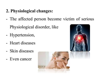 2. Physiological changes:
- The affected person become victim of serious
Physiological disorder, like
- Hypertension,
- Heart diseases
- Skin diseases
- Even cancer
 