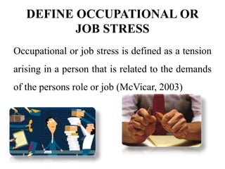 DEFINE OCCUPATIONAL OR
JOB STRESS
Occupational or job stress is defined as a tension
arising in a person that is related to the demands
of the persons role or job (McVicar, 2003)
 