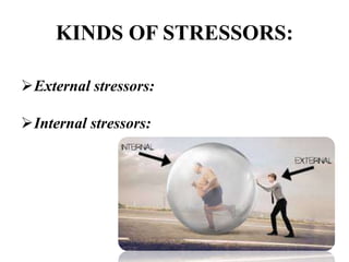 KINDS OF STRESSORS:
External stressors:
Internal stressors:
 