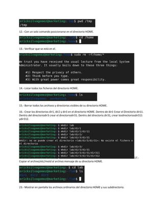 12.- Con un solo comando posicionarse en el directorio HOME.
13.- Verificar que se está en el.
14.- Listar todos los ficheros del directorio HOME.
15.- Borrar todos los archivos y directorios visibles de su directorio HOME.
16.- Crear los directorios dir1, dir2 y dir3 en el directorio HOME. Dentro de dir1 Crear el Directorio dir11.
Dentro del directoriodir3 crear el directoriodir31. Dentro del directorio dir31, crear losdirectoriosdir311
ydir312.
17.-
Copiar el archivo/etc/motd al archivo mensaje de su directorio HOME.
23.- Mostrar en pantalla los archivos ordinarios del directorio HOME y sus subdirectorio.
 