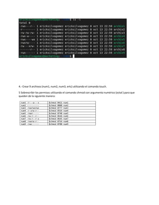 4.- Crear 9 archivos (num1, num2, num3, ertc) utilizando el comando touch.
5 Sobrescribir los permisos utilizando el comando chmod con argumento numérico (octal ) para que
queden de la siguiente manera:
 