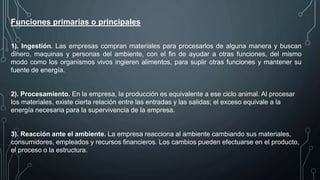 1). Ingestión. Las empresas compran materiales para procesarlos de alguna manera y buscan
dinero, maquinas y personas del ambiente, con el fin de ayudar a otras funciones, del mismo
modo como los organismos vivos ingieren alimentos, para suplir otras funciones y mantener su
fuente de energía.
2). Procesamiento. En la empresa, la producción es equivalente a ese ciclo animal. Al procesar
los materiales, existe cierta relación entre las entradas y las salidas; el exceso equivale a la
energía necesaria para la supervivencia de la empresa.
3). Reacción ante el ambiente. La empresa reacciona al ambiente cambiando sus materiales,
consumidores, empleados y recursos financieros. Los cambios pueden efectuarse en el producto,
el proceso o la estructura.
Funciones primarias o principales
 