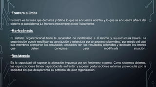 •Frontera o límite
Frontera es la línea que demarca y define lo que se encuentra adentro y lo que se encuentra afuera del
sistema o subsistema. La frontera no siempre existe físicamente.
•Morfogénesis
El sistema organizacional tiene la capacidad de modificarse a sí mismo y su estructura básica. La
organización puede modificar su constitución y estructura por un proceso cibernético, por medio del cual
sus miembros comparan los resultados deseados con los resultados obtenidos y detectan los errores
que deben corregirse para modificarla situación.
•Resistencia
Es la capacidad dé superar la alteración impuesta por un fenómeno externo. Como sistemas abiertos,
las organizaciones tienen capacidad de enfrentar y superar perturbaciones externas provocadas por la
sociedad sin que desaparezca su potencial de auto organización.
 