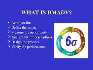17
WHAT IS DMADV?
• Acronym for:
 Define the project
 Measure the opportunity
 Analyze the process options
 Design the process
 Verify the performance
 