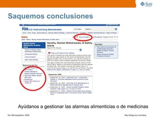 Saquemos conclusiones




          Ayúdanos a gestionar las alarmas alimenticias o de medicinas
Sun Microsystems, 2009                                     http;//blogs.sun.com/eloy
 