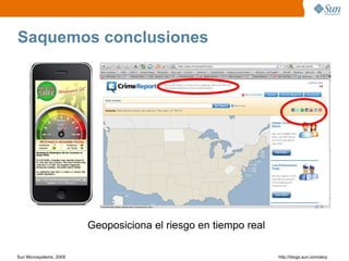 Saquemos conclusiones




                         Geoposiciona el riesgo en tiempo real

Sun Microsystems, 2009                                           http;//blogs.sun.com/eloy
 