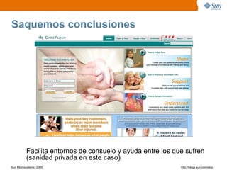 Saquemos conclusiones




          Facilita entornos de consuelo y ayuda entre los que sufren
          (sanidad privada en este caso)
Sun Microsystems, 2009                                      http;//blogs.sun.com/eloy
 