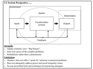 3.1 System Perspective…..
Strengths
o Adopts a holistic view- “Big Picture”,
o Gets root causes of the complex problems.
o Probabilistic rather than a deterministic
Limitations
o Abstract- does not offer a ‘quick fix’ solutions to practical problems
o Does not adequately address power and social inequality issues.
o No any prescribed tools and techniques for practicing managers.
 
