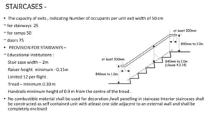 • The capacity of exits , indicating Number of occupants per unit exit width of 50 cm
~ for stairways 25
~ for ramps 50
~ doors 75
• PROVISION FOR STAIRWAYS –
~ Educational institutions :
Stair case width – 2m
Raiser height minimum - 0.15m
Limited 12 per flight .
Tread – minimum 0.30 m
Handrails minimum height of 0.9 m from the centre of the tread .
• No combustible material shall be used for decoration /wall panelling in staircase Interior staircases shall
be constructed as self contained unit with atleast one side adjacent to an external wall and shall be
completely enclosed
STAIRCASES -
 