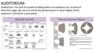 AUDITORIUM-
Auditorium, the part of a public building where an audience sits, as distinct
from the stage, the area on which the performance or other object of the
audience’s attention is presented.
 