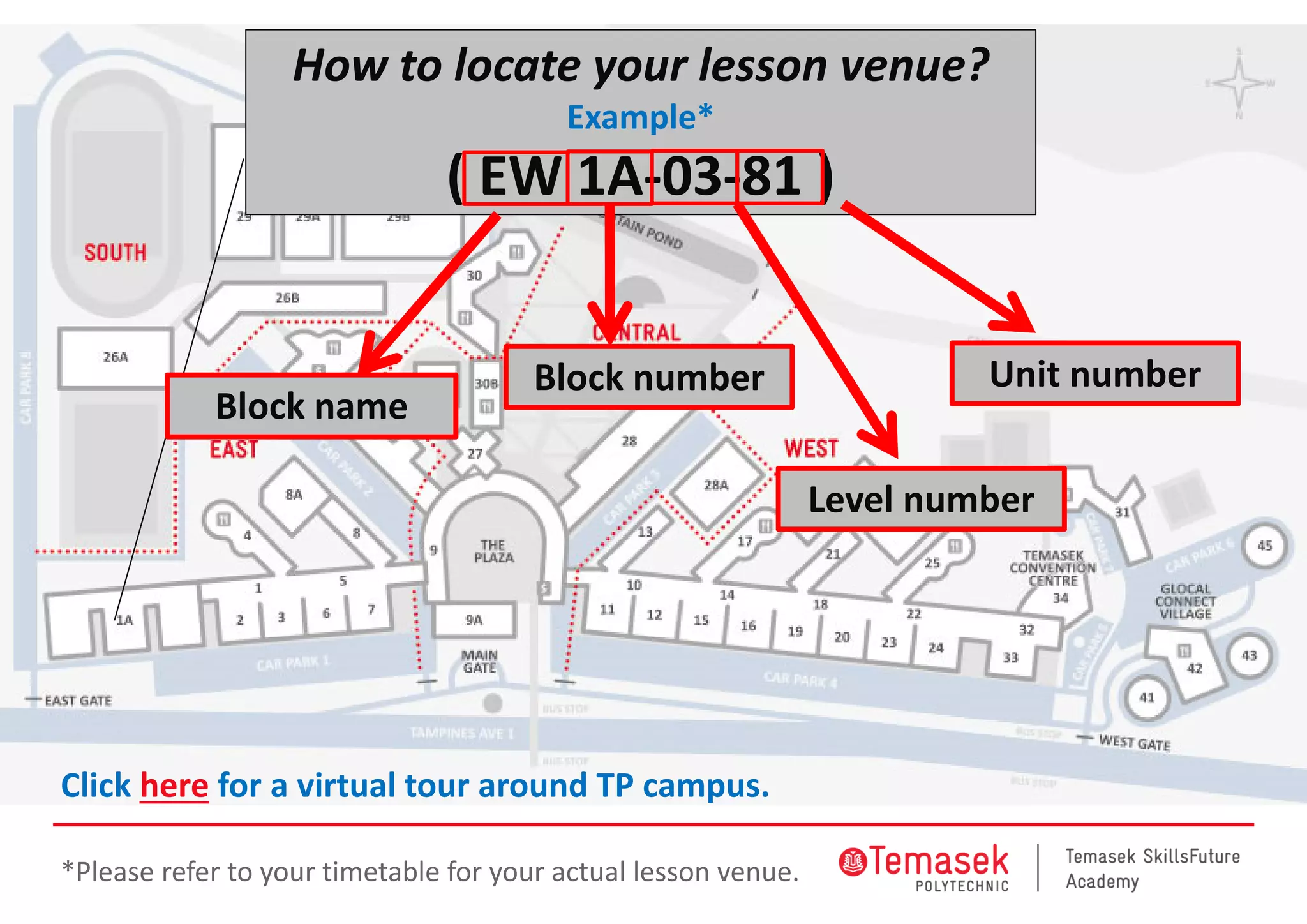 How to locate your lesson venue?
Example*
( EW 1A‐03‐81 )
Block name
Block number
Level number
Unit number
Click here for a virtual tour around TP campus. 
*Please refer to your timetable for your actual lesson venue.
 