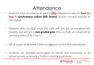 Attendance
• Students have to achieve at least a 50% attendance rate for face-to-
face & synchronous online (MS Teams) lessons in each module of
the course.
• Students who do NOT meet the 50% will still get to complete the
module, but will get a non-graded pass (Pass vs Fail), as compared to
normal grades (A, B, C etc.)
• MC & Leave of Absence (LOA) are not part of the 50% attendance.
• Students are strongly encouraged to attend and participate in all
online lessons to ensure a fruitful learning experience.
 