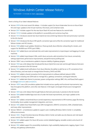 Windows Admin Center release history
10/19/2020 • 2 minutes to read • Edit Online
Here's a listing of our latest released features:
Version 2009 is the most recent GA release - it includes support for Azure Kubernetes Service on Azure Stack
HCI and major updates to the Virtual machines, File shares, and Containers tools.
Version 2007 includes support for the new Azure Stack HCI and new features for several tools.
Version 1910.2 includes updates to the platform’s accessibility and numerous bug fixes
Version 1910 introduces several new Azure hybrid services and brings features that were previously in preview
to the GA channel.
Version 1909 introduces the Azure VM specific connection type and unifies the connection types for traditional
failover clusters and HCI clusters.
Version 1908 added visual updates, Packetmon, FlowLog Audit, Azure Monitor onboarding for clusters, and
support for WinRM over HTTPS (port 5986.)
Version 1907 added Azure cost estimate links and made improvements to import/export and tagging of virtual
machines.
Version 1906 added import/export VMs, switch Azure accounts, add connections from Azure, connectivity
settings experiment, performance improvements, and performance profiling tool.
Version 1904.1 was a maintenance update to improve stability of gateway plugins.
Version 1904 was a GA release that introduced the Azure Hybrid Services tool, and brought features that were
previously in preview to the GA channel.
Version 1903 added email notifications from Azure Monitor, the ability to add Server or PC connections from
Active Directory, and new tools to manage Active Directory, DHCP, and DNS.
Version 1902 added a shared connection list & improvements to software defined network (SDN)
management, including new SDN tools to manage ACLs, gateway connections, and logical networks.
Version 1812 added dark theme (in preview), power configuration settings, BMC info, and PowerShell support
to manage extensions and connections.
Version 1809.5 was a GA cumulative update that included various quality and functional improvements, bug
fixes throughout the platform, and a few new features in the hyper-converged infrastructure management
solution.
Version 1809 was a GA release that brought features that were previously in preview to the GA channel.
Version 1808 added Installed Apps tool, lots of under the hood improvements, and major updates to the
preview SDK.
Version 1807 added a streamlined Azure connect experience, improvements to VM inventory page, file sharing
functionality, Azure update management integration, and more.
Version 1806 added show PowerShell script, SDN management, 2008 R2 connections, SDN, scheduled tasks,
and many other improvements.
Version 1804.25 - a maintenance update to support users installing Windows Admin Center in completely
offline environments.
Version 1804 - Project Honolulu becomes Windows Admin Center and adds security features and role-based
access control. Our first GA release.
Version 1803 added support for Azure AD access control, detailed logging, resizable content, and a bunch of
tool improvements.
Version 1802 added support for accessibility, localization, high-availability deployments, tagging, Hyper-V host
settings, and gateway authentication.
 