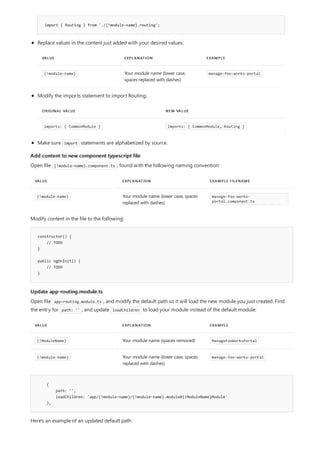Add content to new component typescript file
VALUE EXPLANATION EXAMPLE FILENAME
{!module-name} Your module name (lower case, spaces
replaced with dashes)
manage-foo-works-
portal.component.ts
constructor() {
// TODO
}
public ngOnInit() {
// TODO
}
Update app-routing.module.ts
VALUE EXPLANATION EXAMPLE
{!ModuleName} Your module name (spaces removed) ManageFooWorksPortal
{!module-name} Your module name (lower case, spaces
replaced with dashes)
manage-foo-works-portal
{
path: '',
loadChildren: 'app/{!module-name}/{!module-name}.module#{!ModuleName}Module'
},
import { Routing } from './{!module-name}.routing';
VALUE EXPLANATION EXAMPLE
{!module-name} Your module name (lower case,
spaces replaced with dashes)
manage-foo-works-portal
ORIGINAL VALUE NEW VALUE
imports: [ CommonModule ] imports: [ CommonModule, Routing ]
Replace values in the content just added with your desired values:
Modify the imports statement to import Routing:
Make sure import statements are alphabetized by source.
Open file {!module-name}.component.ts , found with the following naming convention:
Modify content in the file to the following:
Open file app-routing.module.ts , and modify the default path so it will load the new module you just created. Find
the entry for path: '' , and update loadChildren to load your module instead of the default module:
Here's an example of an updated default path:
 