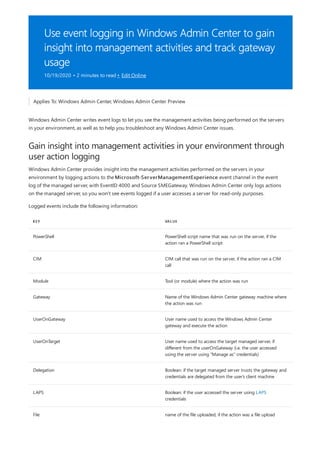 Use event logging in Windows Admin Center to gain
insight into management activities and track gateway
usage
10/19/2020 • 2 minutes to read • Edit Online
Gain insight into management activities in your environment through
user action logging
KEY VALUE
PowerShell PowerShell script name that was run on the server, if the
action ran a PowerShell script
CIM CIM call that was run on the server, if the action ran a CIM
call
Module Tool (or module) where the action was run
Gateway Name of the Windows Admin Center gateway machine where
the action was run
UserOnGateway User name used to access the Windows Admin Center
gateway and execute the action
UserOnTarget User name used to access the target managed server, if
different from the userOnGateway (i.e. the user accessed
using the server using "Manage as" credentials)
Delegation Boolean: if the target managed server trusts the gateway and
credentials are delegated from the user's client machine
LAPS Boolean: if the user accessed the server using LAPS
credentials
File name of the file uploaded, if the action was a file upload
Applies To: Windows Admin Center, Windows Admin Center Preview
Windows Admin Center writes event logs to let you see the management activities being performed on the servers
in your environment, as well as to help you troubleshoot any Windows Admin Center issues.
Windows Admin Center provides insight into the management activities performed on the servers in your
environment by logging actions to the Microsoft-ServerManagementExperience event channel in the event
log of the managed server, with EventID 4000 and Source SMEGateway. Windows Admin Center only logs actions
on the managed server, so you won't see events logged if a user accesses a server for read-only purposes.
Logged events include the following information:
 