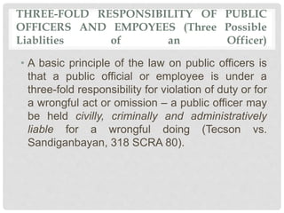THREE-FOLD RESPONSIBILITY OF PUBLIC
OFFICERS AND EMPOYEES (Three Possible
Liablities of an Officer)
• A basic principle of the law on public officers is
that a public official or employee is under a
three-fold responsibility for violation of duty or for
a wrongful act or omission – a public officer may
be held civilly, criminally and administratively
liable for a wrongful doing (Tecson vs.
Sandiganbayan, 318 SCRA 80).
 