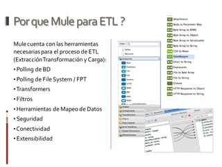 PorqueMuleparaETL ?
Mulecuenta con las herramientas
necesariaspara el proceso de ETL
(ExtracciónTransformación y Carga):
• Polling de BD
• Polling de File System / FPT
•Transformers
• Filtros
• Herramientas de Mapeo de Datos
• Seguridad
•Conectividad
• Extensibilidad
 