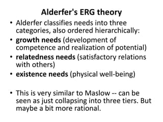 Alderfer's ERG theory
• Alderfer classifies needs into three
categories, also ordered hierarchically:
• growth needs (development of
competence and realization of potential)
• relatedness needs (satisfactory relations
with others)
• existence needs (physical well-being)
• This is very similar to Maslow -- can be
seen as just collapsing into three tiers. But
maybe a bit more rational.
 