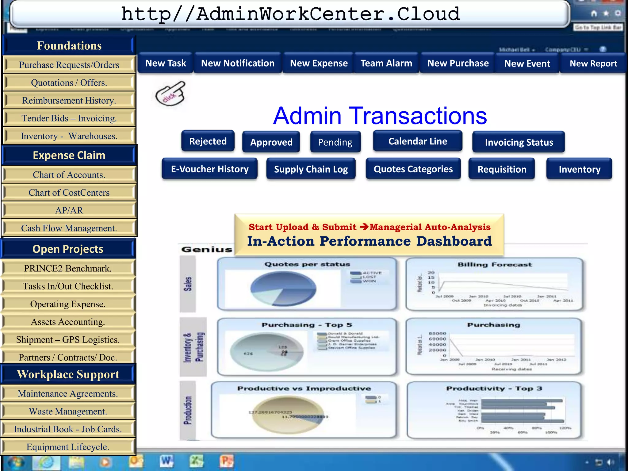 Admin Transactions
E-Voucher History
Approved
New NotificationNew Task
Start Upload & Submit Managerial Auto-Analysis
In-Action Performance Dashboard
Expense Claim
Chart of Accounts.
Chart of CostCenters
AP/AR
Cash Flow Management.
Open Projects
PRINCE2 Benchmark.
Tasks In/Out Checklist.
Operating Expense.
Assets Accounting.
Shipment – GPS Logistics.
Partners / Contracts/ Doc.
Workplace Support
Maintenance Agreements.
Waste Management.
Industrial Book - Job Cards.
Equipment Lifecycle.
Invoicing Status
Requisition
New Report
Calendar LinePendingRejected
Quotes Categories
New Expense Team Alarm New Purchase
Supply Chain Log
New Event
Foundations
Purchase Requests/Orders
Quotations / Offers.
Reimbursement History.
Tender Bids – Invoicing.
Inventory - Warehouses.
Inventory
 