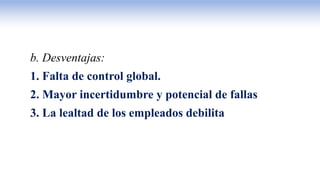 b. Desventajas:
1. Falta de control global.
2. Mayor incertidumbre y potencial de fallas
3. La lealtad de los empleados debilita
 